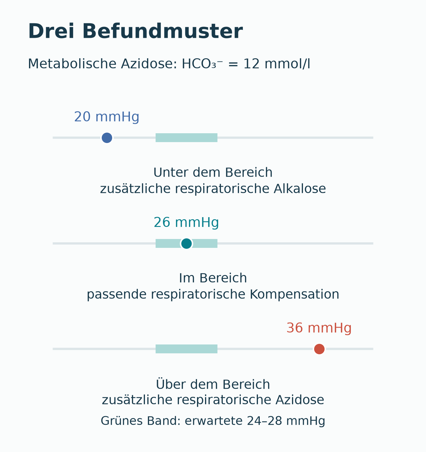 Drei getrennte Beispiele bei HCO₃⁻ 12 mmol/l: pCO₂ 20 liegt unter, 26 im und 36 über dem erwarteten Bereich 24 bis 28 mmHg.