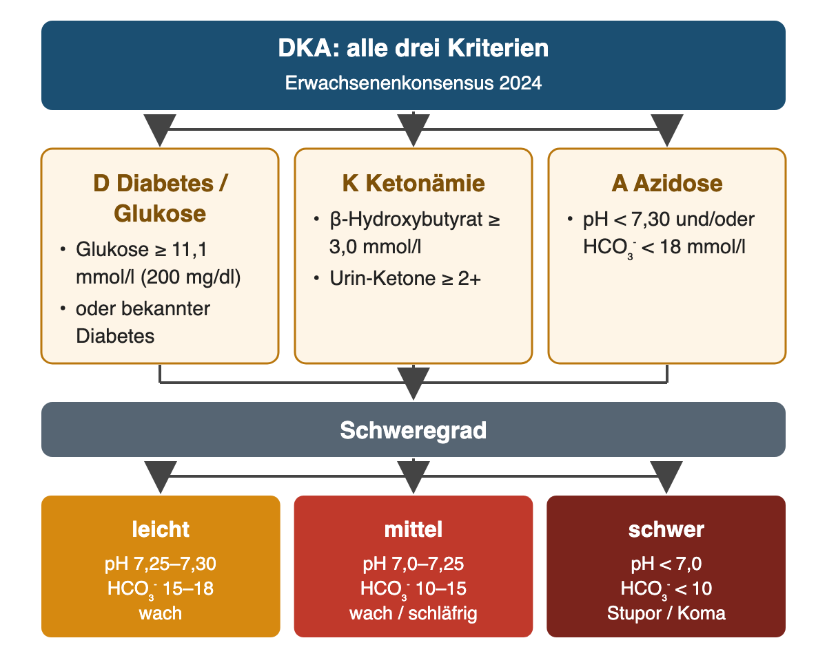 Von oben nach unten: DKA: alle drei Kriterien: Erwachsenenkonsensus 2024; D Diabetes / Glukose: Glukose ≥ 11,1 mmol/l (200 mg/dl), oder bekannter Diabetes; K Ketonämie: β-Hydroxybutyrat ≥ 3,0 mmol/l, Urin-Ketone ≥ 2+; A Azidose: pH < 7,30 und/oder HCO₃⁻ < 18 mmol/l; Schweregrad; Ergebnis: leicht – pH 7,25–7,30, HCO₃⁻ 15–18, wach; mittel – pH 7,0–7,25, HCO₃⁻ 10–15, wach / schläfrig; schwer – pH < 7,0, HCO₃⁻ < 10, Stupor / Koma.
