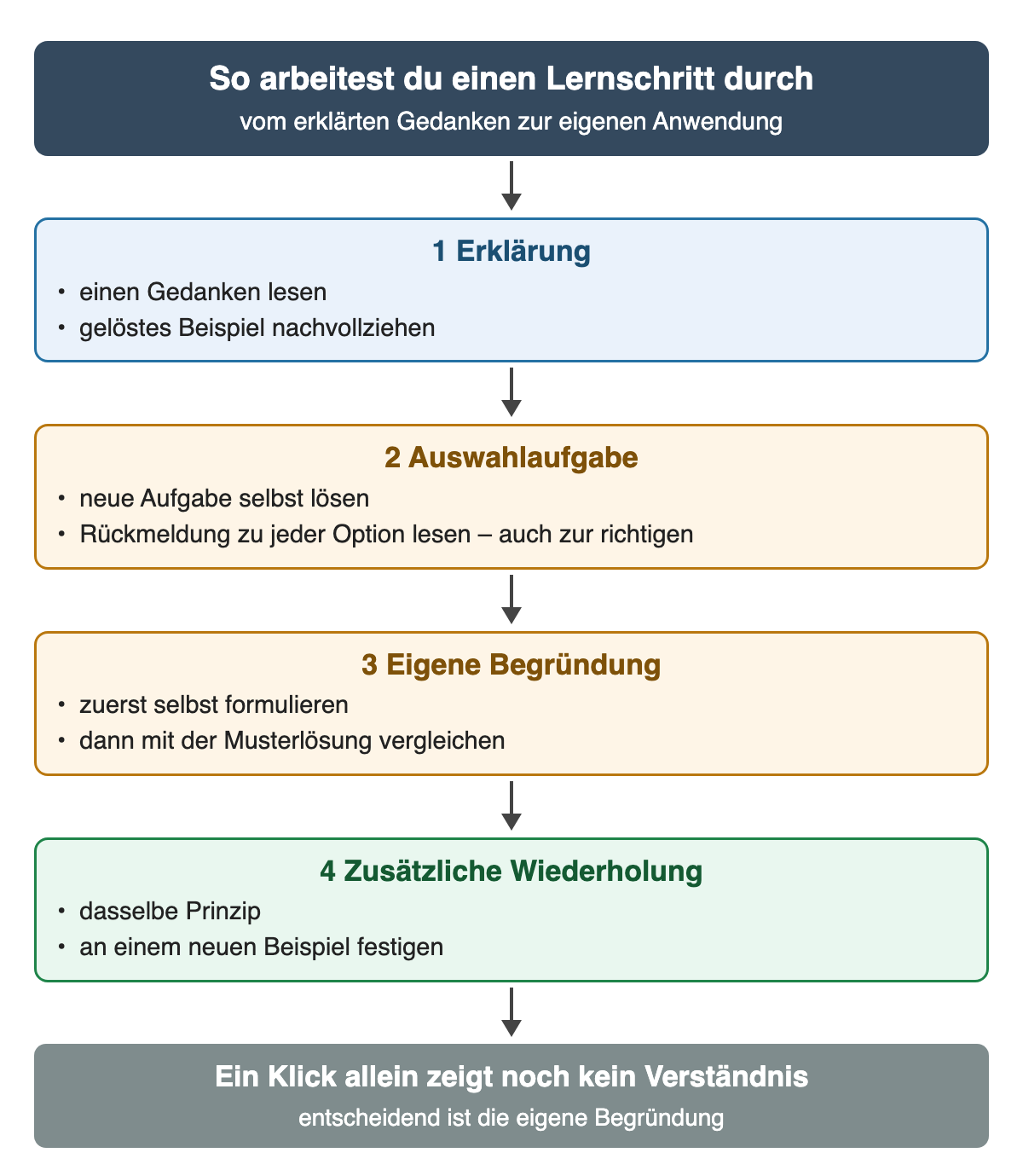 Ablauf eines Lernschritts von oben nach unten: 1 Erklärung lesen und gelöstes Beispiel nachvollziehen, 2 Auswahlaufgabe lösen und die Rückmeldung zu jeder Option lesen, 3 eigene Begründung formulieren und mit der Musterlösung vergleichen, 4 zusätzliche Wiederholung an einem neuen Beispiel. Unten: Ein Klick allein zeigt noch kein Verständnis.