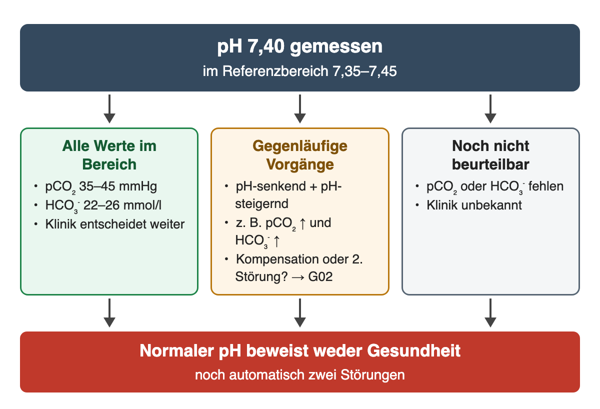 pH 7,40 im Referenzbereich, drei Möglichkeiten: alle Werte im Bereich; gegenläufige Vorgänge, zum Beispiel pCO₂ und HCO₃⁻ erhöht; noch nicht beurteilbar ohne pCO₂, HCO₃⁻ und Klinik. Ergebnis: Ein normaler pH beweist weder Gesundheit noch automatisch zwei Störungen.