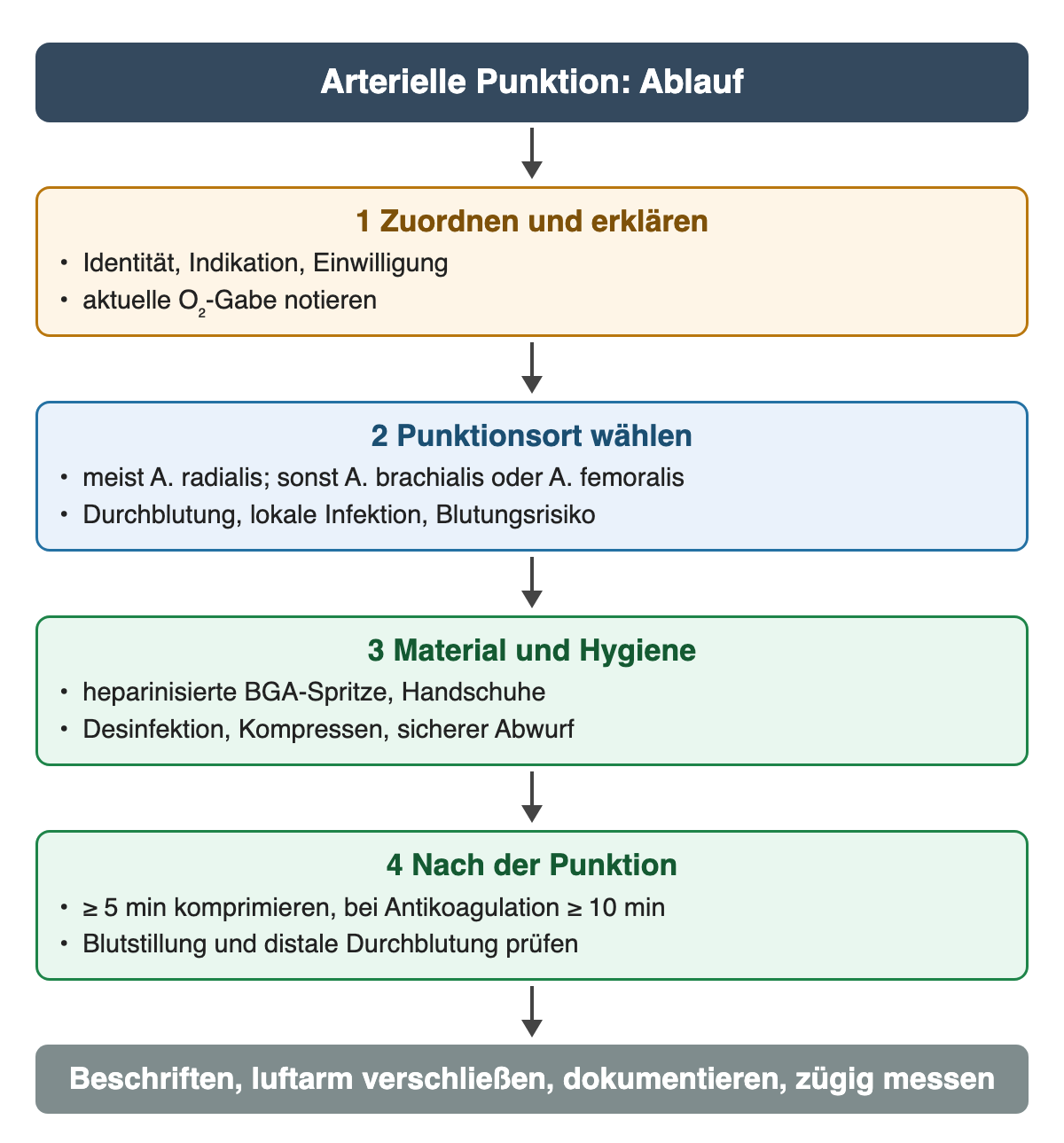 Ablauf der arteriellen Punktion: 1 zuordnen und erklären, 2 Punktionsort wählen, meist A. radialis, sonst A. brachialis oder A. femoralis, 3 Material und Hygiene, 4 nach der Punktion mindestens 5 Minuten komprimieren, bei Antikoagulation mindestens 10 Minuten, Durchblutung prüfen; dann beschriften, verschließen, dokumentieren und zügig messen.