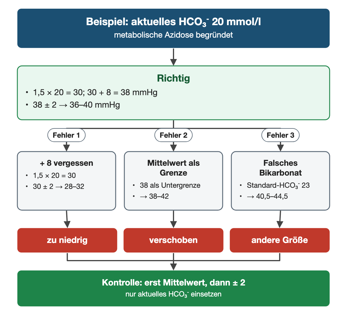 Von oben nach unten. Oben: Beispiel: aktuelles HCO₃⁻ 20 mmol/l (metabolische Azidose begründet). Richtig: 1,5 × 20 = 30; 30 + 8 = 38 mmHg, 38 ± 2 → 36–40 mmHg. Nebeneinander: Fehler 1 → + 8 vergessen: 1,5 × 20 = 30, 30 ± 2 → 28–32 | Fehler 2 → Mittelwert als Grenze: 38 als Untergrenze, → 38–42 | Fehler 3 → Falsches Bikarbonat: Standard-HCO₃⁻ 23, → 40,5–44,5. Ergebnis: zu niedrig | verschoben | andere Größe. Ergebnis: Kontrolle: erst Mittelwert, dann ± 2 (nur aktuelles HCO₃⁻ einsetzen).