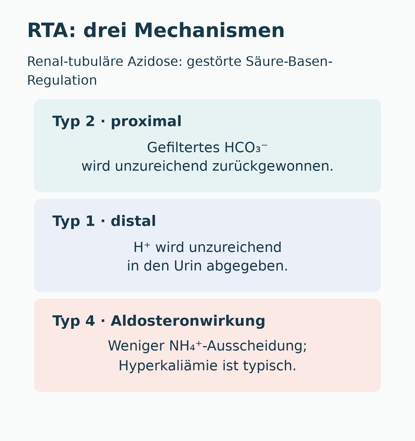 RTA Typ 2: verminderte proximale Bikarbonatrückgewinnung. Typ 1: gestörte distale H⁺-Abgabe. Typ 4: verminderte Aldosteronwirkung und Ammoniumausscheidung; Hyperkaliämie ist typisch.