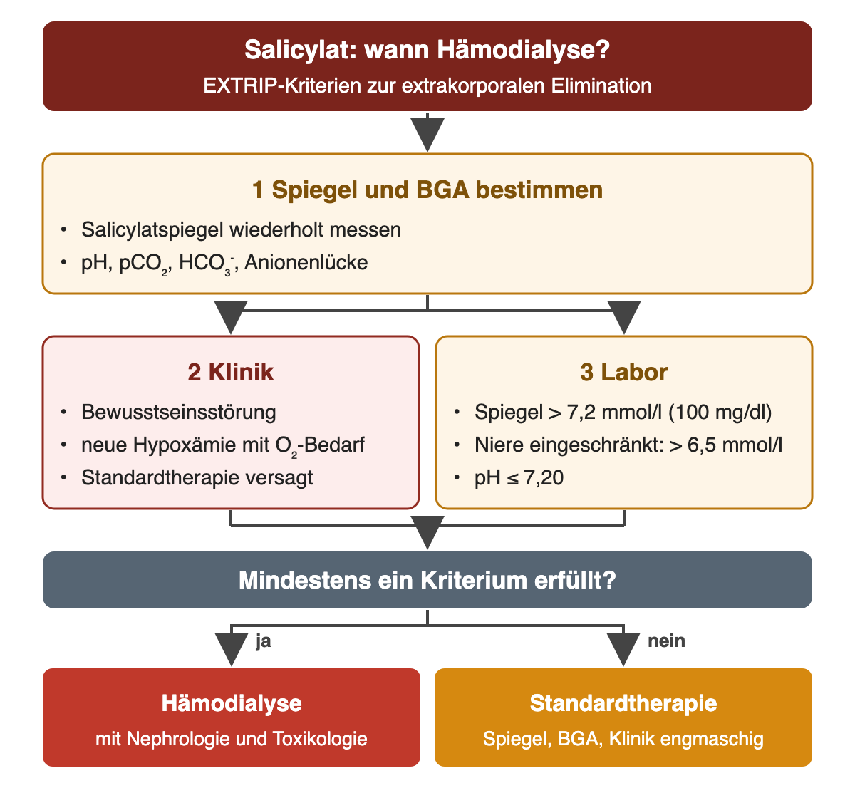 Oben: Salicylat, wann Hämodialyse? EXTRIP-Kriterien zur extrakorporalen Elimination. 1 Spiegel und BGA bestimmen: Salicylatspiegel wiederholt messen; pH, pCO₂, HCO₃⁻, Anionenlücke. Nebeneinander: 2 Klinik – Bewusstseinsstörung, neue Hypoxämie mit O₂-Bedarf, Standardtherapie versagt; 3 Labor – Spiegel über 7,2 mmol/l (100 mg/dl), bei eingeschränkter Niere über 6,5 mmol/l, pH ≤ 7,20. Frage: Mindestens ein Kriterium erfüllt? Ja – Hämodialyse mit Nephrologie und Toxikologie; nein – Standardtherapie mit engmaschigen Spiegel-, BGA- und klinischen Kontrollen.