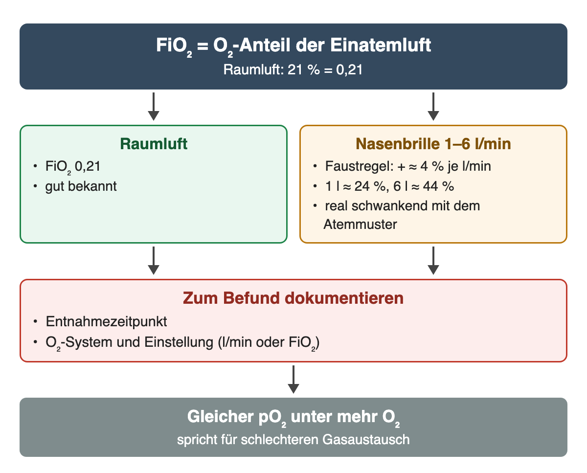 FiO₂: Raumluft 0,21; Nasenbrille 1–6 l/min nach grober Faustregel etwa 4 % je l/min mehr (1 l etwa 24 %, 6 l etwa 44 %), real schwankend. Zum Befund Zeitpunkt, O₂-System und Einstellung dokumentieren.