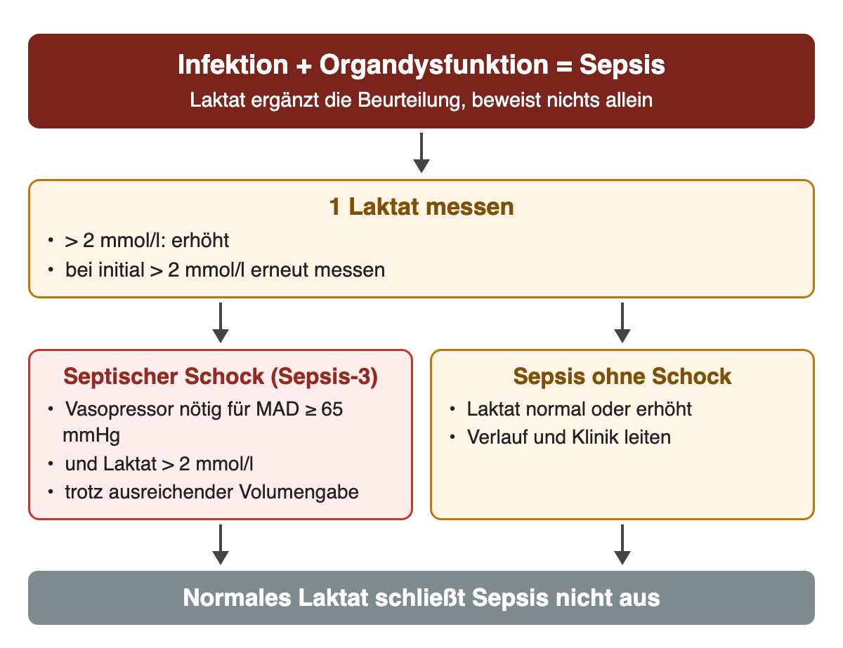 Sepsis als Infektion mit Organdysfunktion: Laktat über 2 mmol/l ist erhöht und wird kontrolliert. Septischer Schock nach Sepsis-3: Vasopressor für einen MAD ≥ 65 mmHg nötig und Laktat über 2 mmol/l trotz ausreichender Volumengabe. Ein normales Laktat schließt Sepsis nicht aus.