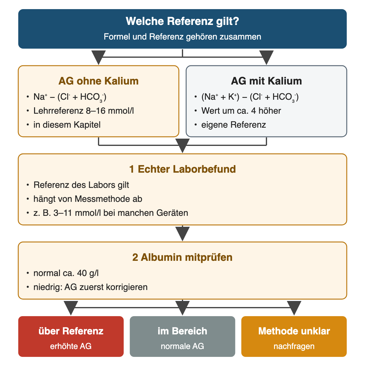 Von oben nach unten: Welche Referenz gilt?: Formel und Referenz gehören zusammen; AG ohne Kalium: Na⁺ − (Cl⁻ + HCO₃⁻), Lehrreferenz 8–16 mmol/l, in diesem Kapitel; AG mit Kalium: (Na⁺ + K⁺) − (Cl⁻ + HCO₃⁻), Wert um ca. 4 höher, eigene Referenz; Echter Laborbefund: Referenz des Labors gilt, hängt von Messmethode ab, z. B. 3–11 mmol/l bei manchen Geräten; Albumin mitprüfen: normal ca. 40 g/l, niedrig: AG zuerst korrigieren; Ergebnis: über Referenz – erhöhte AG; im Bereich – normale AG; Methode unklar – nachfragen.