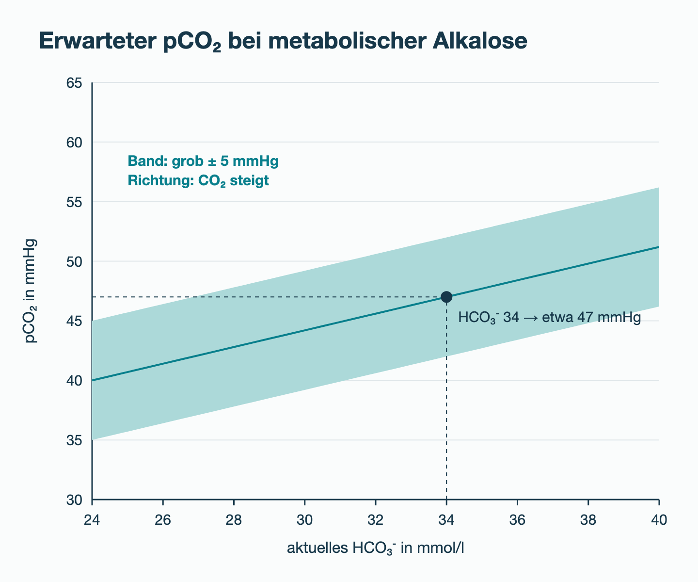 Diagramm mit aktuellem HCO₃⁻ von 24 bis 40 mmol/l auf der x-Achse und pCO₂ auf der y-Achse; eine ansteigende Linie mit breitem Band; markiert ist HCO₃⁻ 34 mit etwa 47 mmHg.