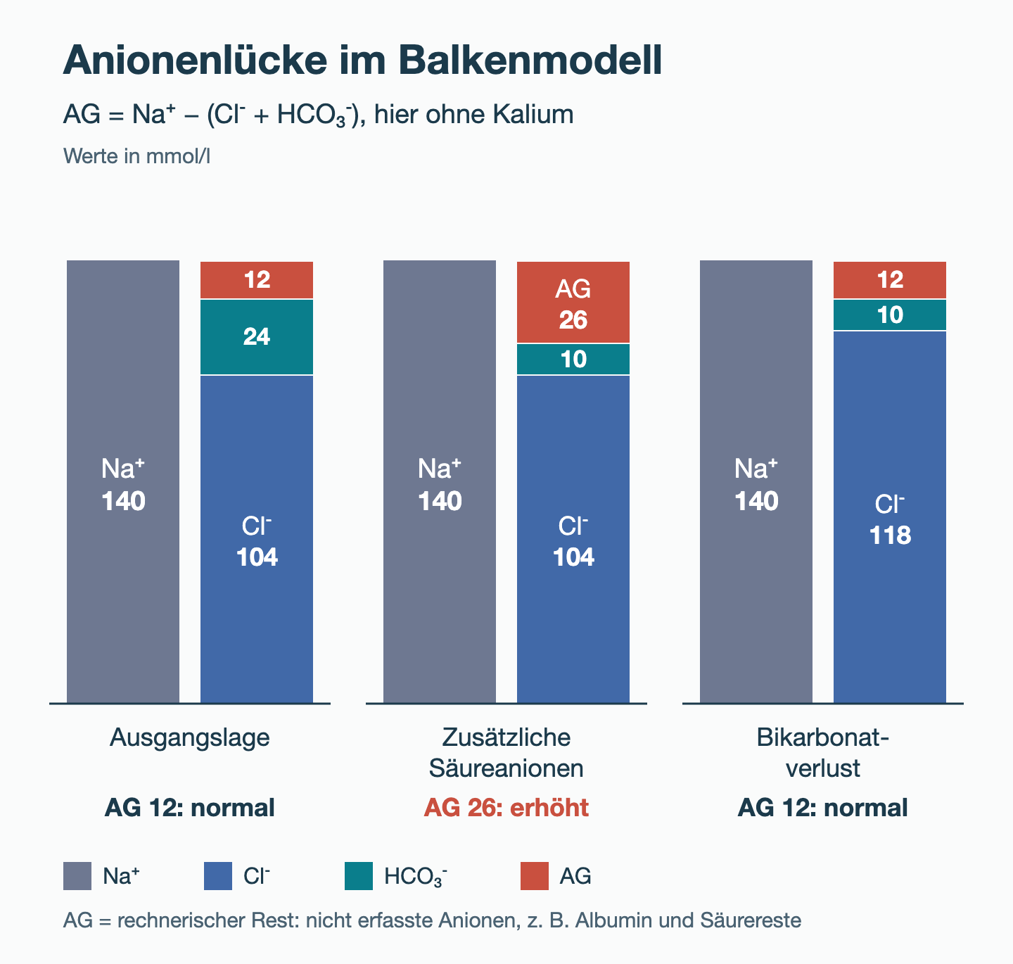 Balkenmodell bei Na⁺ 140 mmol/l: Ausgangslage mit Cl⁻ 104, HCO₃⁻ 24 und AG 12; zusätzliche Säureanionen mit Cl⁻ 104, HCO₃⁻ 10 und AG 26; Bikarbonatverlust mit Cl⁻ 118, HCO₃⁻ 10 und AG 12. Der AG-Anteil steht für nicht erfasste Anionen wie Albumin und Säurereste.