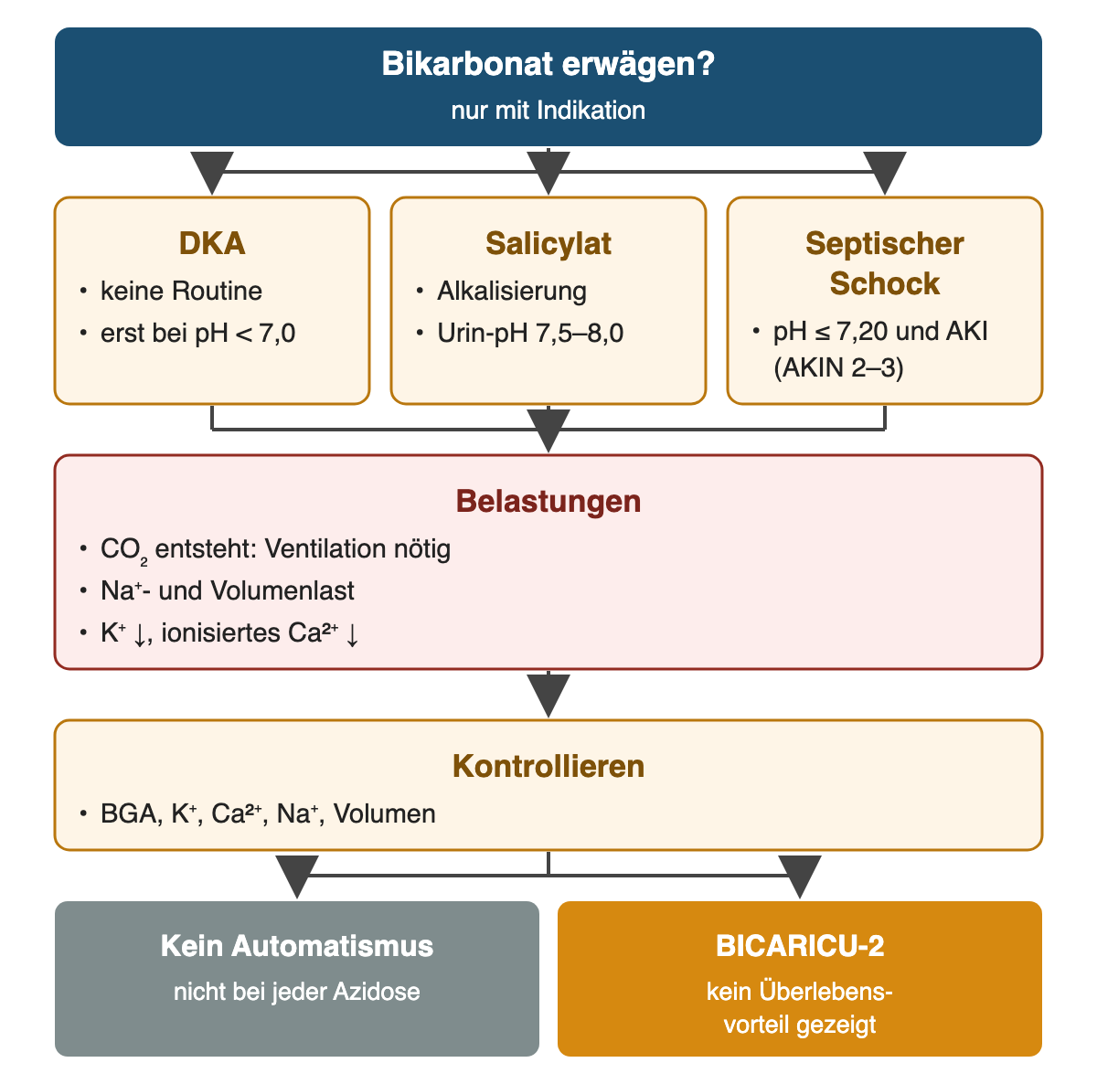 Von oben nach unten: Bikarbonat erwägen?: nur mit Indikation; DKA: keine Routine, erst bei pH < 7,0; Salicylat: Alkalisierung, Urin-pH 7,5–8,0; Septischer Schock: pH ≤ 7,20 und AKI (AKIN 2–3); Belastungen: CO₂ entsteht: Ventilation nötig, Na⁺- und Volumenlast, K⁺ ↓, ionisiertes Ca²⁺ ↓; Kontrollieren: BGA, K⁺, Ca²⁺, Na⁺, Volumen; Ergebnis: Kein Automatismus – nicht bei jeder Azidose; BICARICU-2 – kein Überlebensvorteil gezeigt.