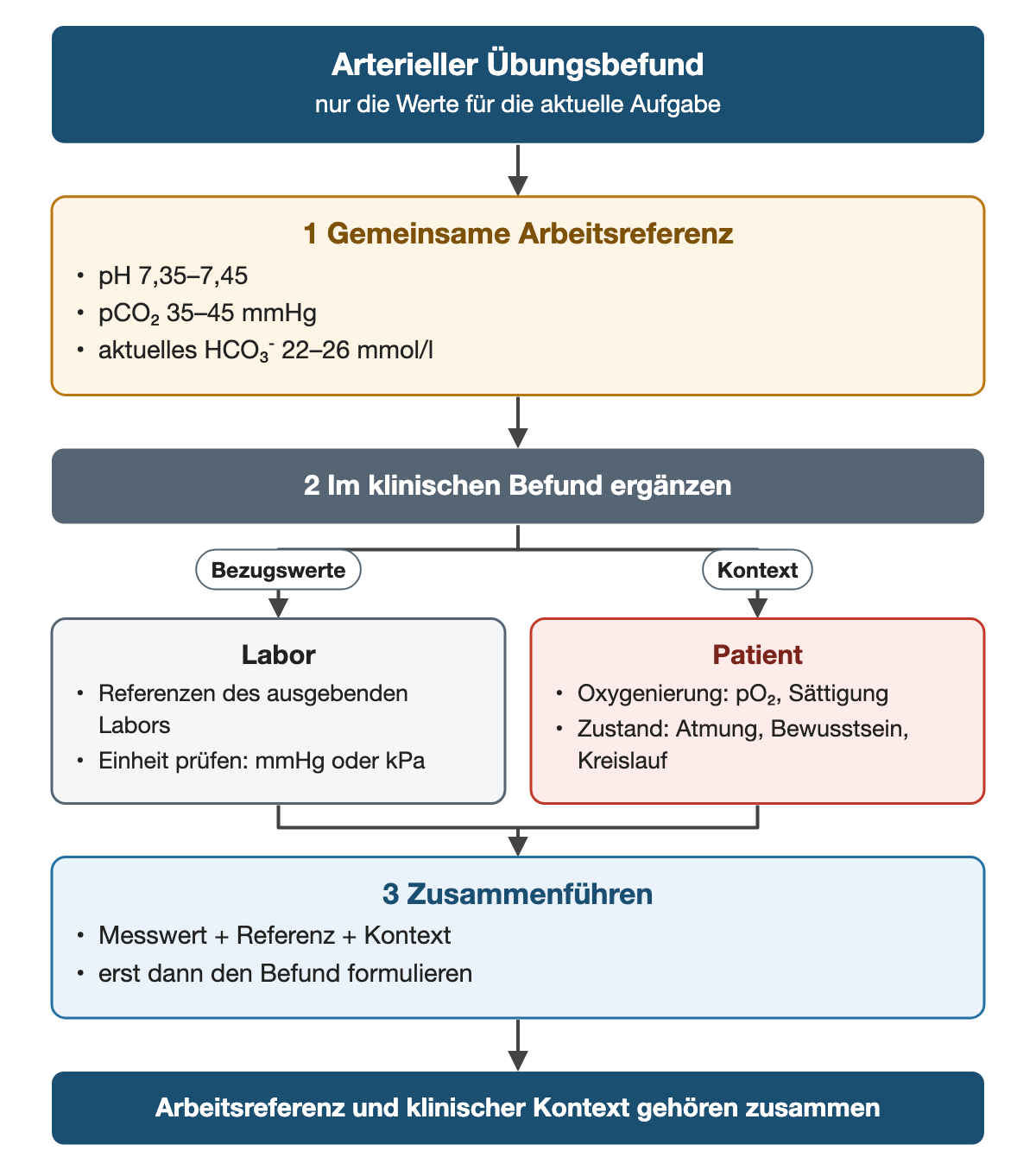 Von oben nach unten. Oben: Arterieller Übungsbefund (nur die Werte für die aktuelle Aufgabe). 1 Gemeinsame Arbeitsreferenz: pH 7,35–7,45, pCO₂ 35–45 mmHg, aktuelles HCO₃⁻ 22–26 mmol/l. 2 Im klinischen Befund ergänzen. Nebeneinander: Bezugswerte → Labor: Referenzen des ausgebenden Labors, Einheit prüfen: mmHg oder kPa | Kontext → Patient: Oxygenierung: pO₂, Sättigung, Zustand: Atmung, Bewusstsein, Kreislauf. 3 Zusammenführen: Messwert + Referenz + Kontext, erst dann den Befund formulieren. Ergebnis: Arbeitsreferenz und klinischer Kontext gehören zusammen.