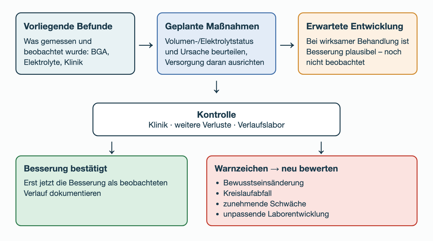 Ablaufschema: Vorliegende Befunde, dann geplante Maßnahmen, dann erwartete Entwicklung; darunter Kontrolle von Klinik, weiteren Verlusten und Verlaufslabor; bei bestätigter Besserung dokumentieren, bei Warnzeichen neu bewerten.