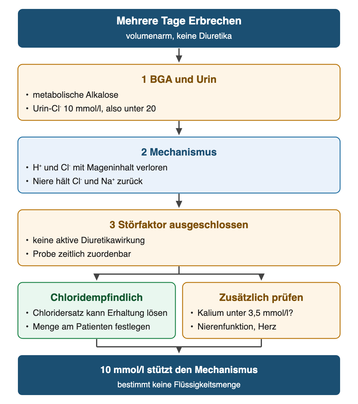 Von oben nach unten: Mehrere Tage Erbrechen (volumenarm, keine Diuretika). 1 BGA und Urin: metabolische Alkalose; Urin-Cl⁻ 10 mmol/l, also unter 20. 2 Mechanismus: H⁺ und Cl⁻ mit Mageninhalt verloren; Niere hält Cl⁻ und Na⁺ zurück. 3 Störfaktor ausgeschlossen: keine aktive Diuretikawirkung; Probe zeitlich zuordenbar. Chloridempfindlich: Chloridersatz kann Erhaltung lösen; Menge am Patienten festlegen. Zusätzlich prüfen: Kalium unter 3,5 mmol/l?; Nierenfunktion, Herz. Ergebnis: 10 mmol/l stützt den Mechanismus – bestimmt keine Flüssigkeitsmenge.