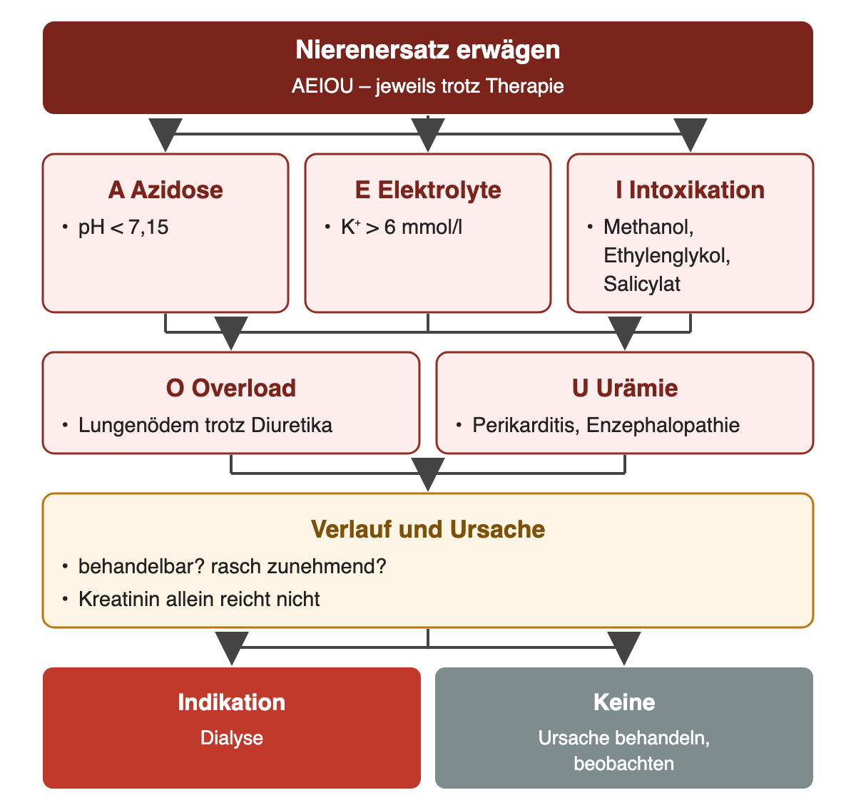 Von oben nach unten: Nierenersatz erwägen: AEIOU – jeweils trotz Therapie; A Azidose: pH < 7,15; E Elektrolyte: K⁺ > 6 mmol/l; I Intoxikation: Methanol, Ethylenglykol, Salicylat; O Overload: Lungenödem trotz Diuretika; U Urämie: Perikarditis, Enzephalopathie; Verlauf und Ursache: behandelbar? rasch zunehmend?, Kreatinin allein reicht nicht; Ergebnis: Indikation – Dialyse; Keine – Ursache behandeln, beobachten.