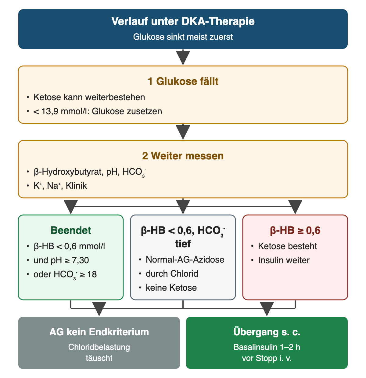 Von oben nach unten: Verlauf unter DKA-Therapie: Glukose sinkt meist zuerst; Glukose fällt: Ketose kann weiterbestehen, < 13,9 mmol/l: Glukose zusetzen; Weiter messen: β-Hydroxybutyrat, pH, HCO₃⁻, K⁺, Na⁺, Klinik; Beendet: β-HB < 0,6 mmol/l, und pH ≥ 7,30, oder HCO₃⁻ ≥ 18; β-HB < 0,6, HCO₃⁻ tief: Normal-AG-Azidose, durch Chlorid, keine Ketose; β-HB ≥ 0,6: Ketose besteht, Insulin weiter; Ergebnis: AG kein Endkriterium – Chloridbelastung täuscht; Übergang s. c. – Basalinsulin 1–2 h vor Stopp i. v.