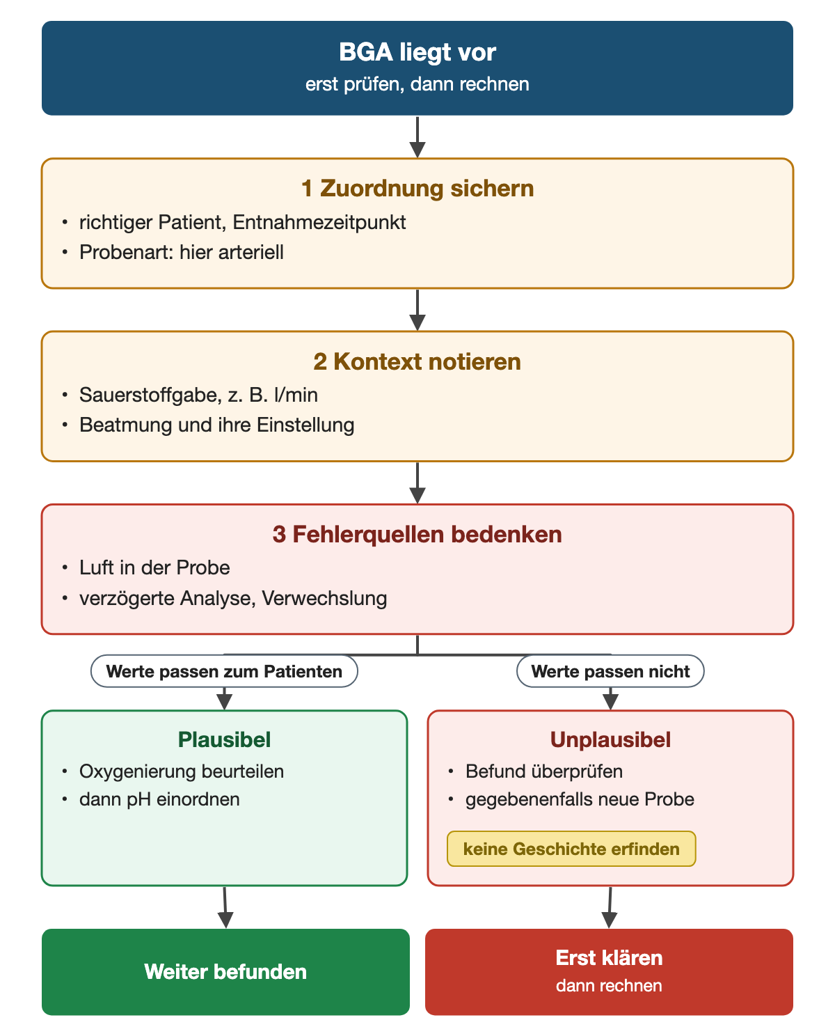 Von oben nach unten. Oben: BGA liegt vor (erst prüfen, dann rechnen). 1 Zuordnung sichern: richtiger Patient, Entnahmezeitpunkt, Probenart: hier arteriell. 2 Kontext notieren: Sauerstoffgabe, z. B. l/min, Beatmung und ihre Einstellung. 3 Fehlerquellen bedenken: Luft in der Probe, verzögerte Analyse, Verwechslung. Nebeneinander: Werte passen zum Patienten → Plausibel: Oxygenierung beurteilen, dann pH einordnen | Werte passen nicht → Unplausibel: Befund überprüfen, gegebenenfalls neue Probe (keine Geschichte erfinden). Ergebnis: Weiter befunden | Erst klären (dann rechnen).