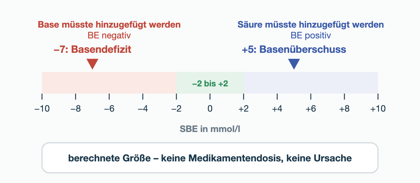 Zahlenstrahl des SBE von −10 bis +10 mmol/l mit der Arbeitsreferenz −2 bis +2. Markiert sind −7 als Basendefizit und +5 als Basenüberschuss. Links: Base müsste hinzugefügt werden, BE negativ; rechts: Säure müsste hinzugefügt werden, BE positiv. Darunter: berechnete Größe, keine Medikamentendosis, keine Ursache.