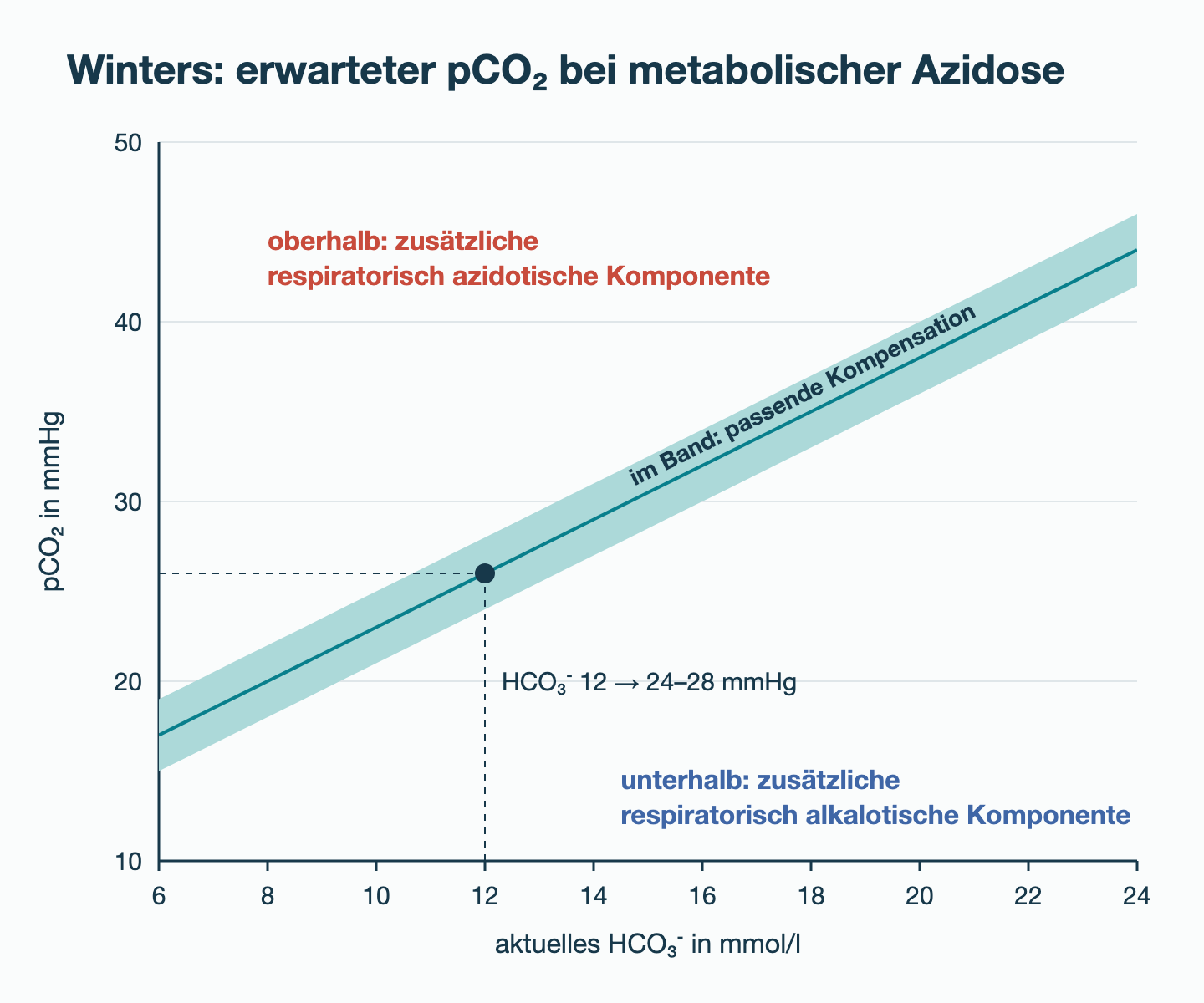 Diagramm mit aktuellem HCO₃⁻ auf der x-Achse und pCO₂ auf der y-Achse; ein ansteigendes Band zeigt den Winters-Erwartungsbereich, darüber und darunter liegen die Bereiche für zusätzliche respiratorische Komponenten; markiert ist HCO₃⁻ 12 mit 24 bis 28 mmHg.