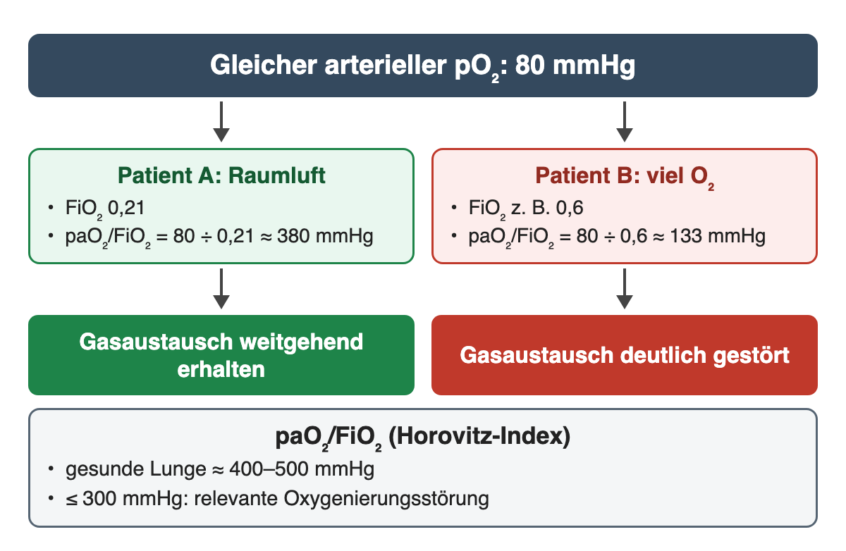 Gleicher arterieller pO₂ von 80 mmHg: Patient A unter Raumluft mit paO₂/FiO₂ etwa 380 mmHg, Gasaustausch weitgehend erhalten; Patient B unter FiO₂ 0,6 mit etwa 133 mmHg, Gasaustausch deutlich gestört. Horovitz-Index: gesund etwa 400–500 mmHg, 300 mmHg oder weniger relevante Störung.