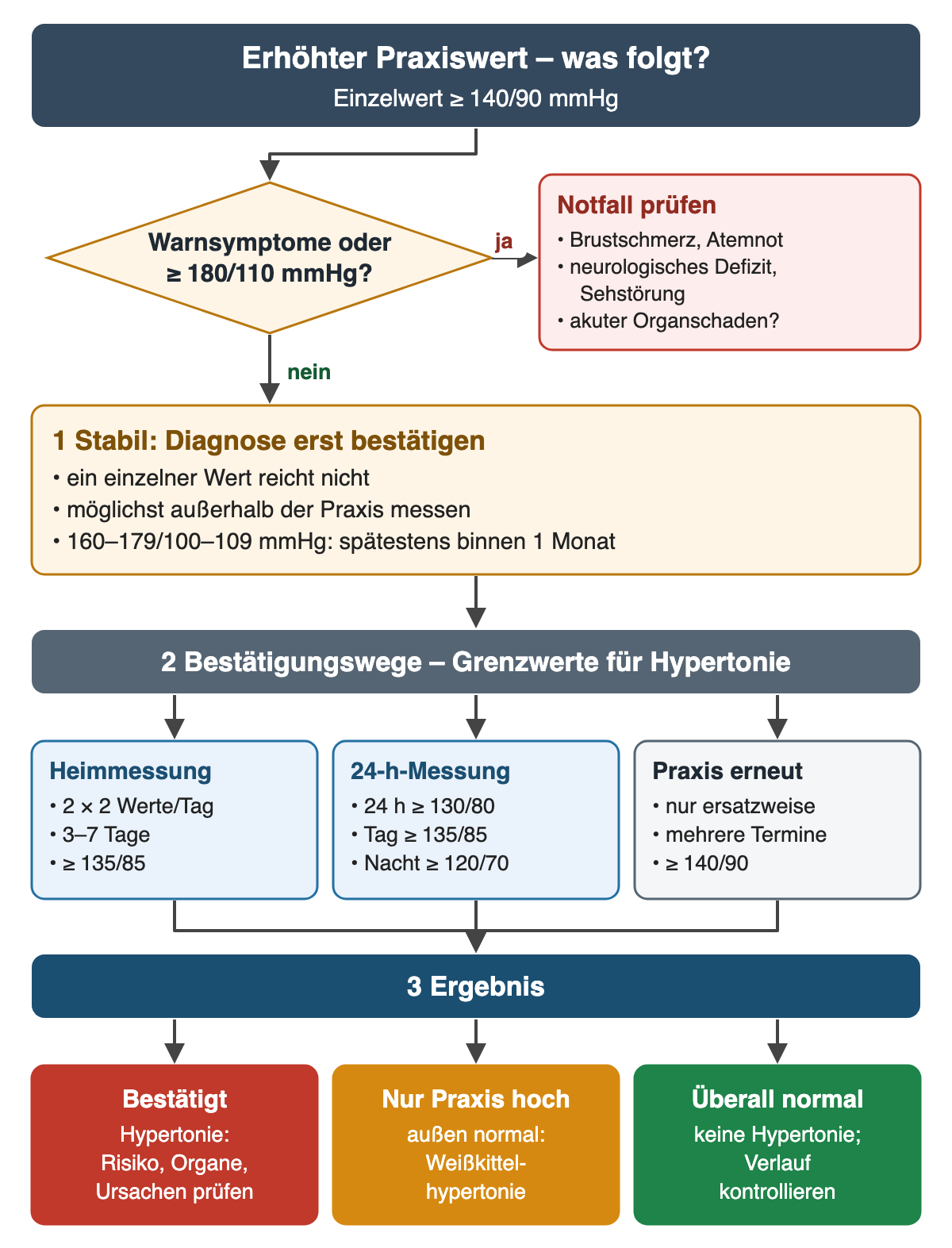 Entscheidungsdiagramm „Erhöhter Praxiswert – was folgt?“ für einen Einzelwert ab 140/90 mmHg. Raute: Warnsymptome oder mindestens 180/110 mmHg? Ja – Notfall prüfen: Brustschmerz, Atemnot, neurologisches Defizit, Sehstörung, akuter Organschaden. Nein – 1 Diagnose erst bestätigen: ein Einzelwert reicht nicht, möglichst außerhalb der Praxis messen, bei 160–179/100–109 mmHg spätestens binnen eines Monats. 2 Drei Bestätigungswege nebeneinander mit Hypertonie-Grenzwerten: Heimmessung zweimal zwei Werte täglich über 3–7 Tage, ab 135/85; 24-h-Messung ab 130/80 im 24-h-Mittel, tagsüber ab 135/85, nachts ab 120/70; ersatzweise erneute Praxismessung an mehreren Terminen, ab 140/90. 3 Ergebnis: bestätigt – Hypertonie mit Risiko-, Organ- und Ursachensuche; nur in der Praxis hoch – Weißkittelhypertonie; überall normal – keine Hypertonie, Verlauf kontrollieren.