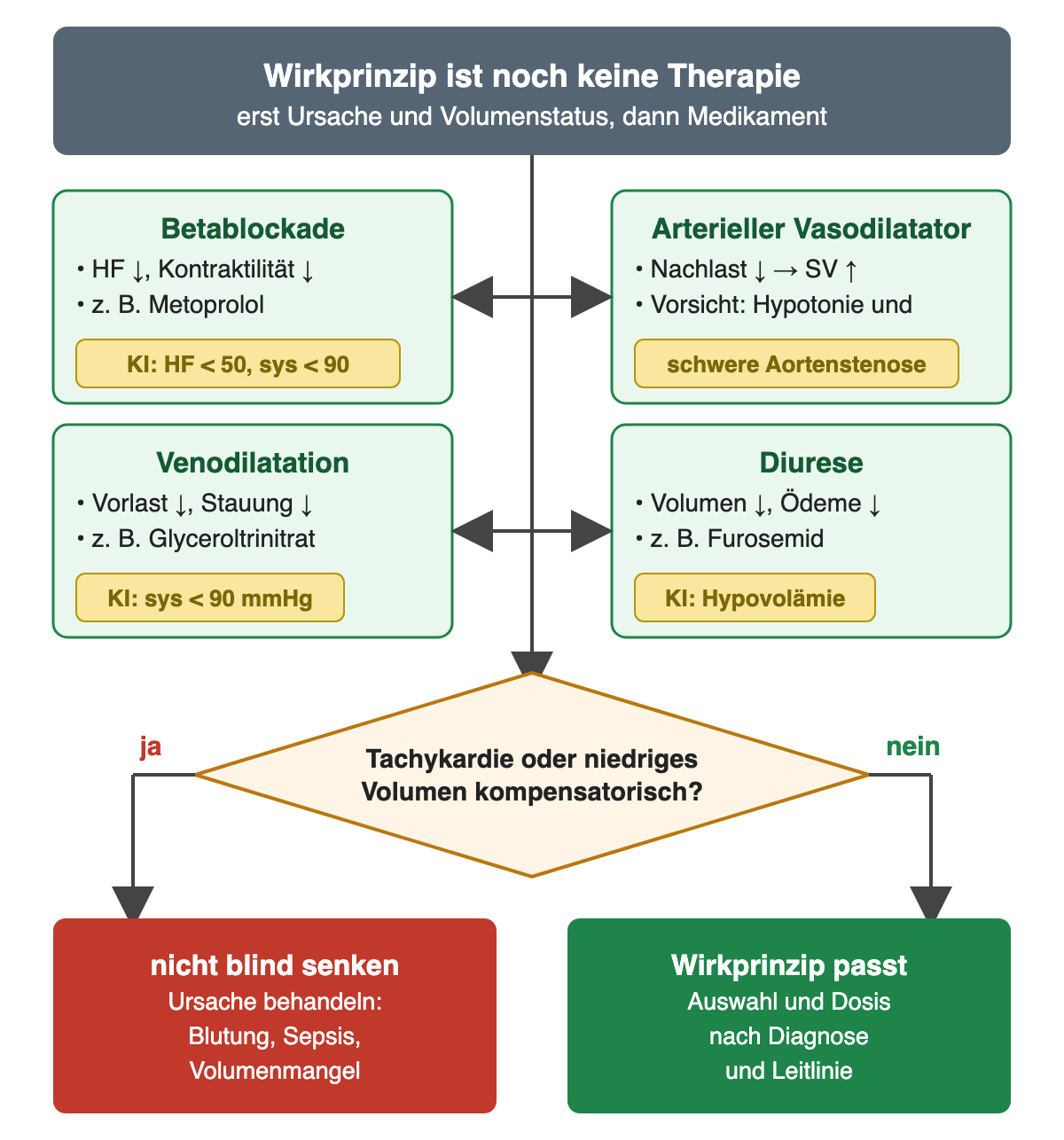 Entscheidungsdiagramm. Oben: Wirkprinzip ist noch keine Therapie – erst Ursache und Volumenstatus, dann Medikament. Vier Felder an einer gemeinsamen Achse: Betablockade senkt Frequenz und Kontraktilität, zum Beispiel Metoprolol, Kontraindikation Herzfrequenz unter 50/min oder systolisch unter 90 mmHg; arterieller Vasodilatator senkt die Nachlast und kann das Schlagvolumen steigern, Vorsicht bei Hypotonie und schwerer Aortenstenose; Venodilatation senkt Vorlast und Stauung, zum Beispiel Glyceroltrinitrat, Kontraindikation systolisch unter 90 mmHg; Diurese senkt Volumen und Ödeme, zum Beispiel Furosemid, Kontraindikation Hypovolämie. Frage: Tachykardie oder niedriges Volumen kompensatorisch? Ja: nicht blind senken, Ursache behandeln wie Blutung, Sepsis oder Volumenmangel. Nein: Wirkprinzip passt, Auswahl und Dosis nach Diagnose und Leitlinie.