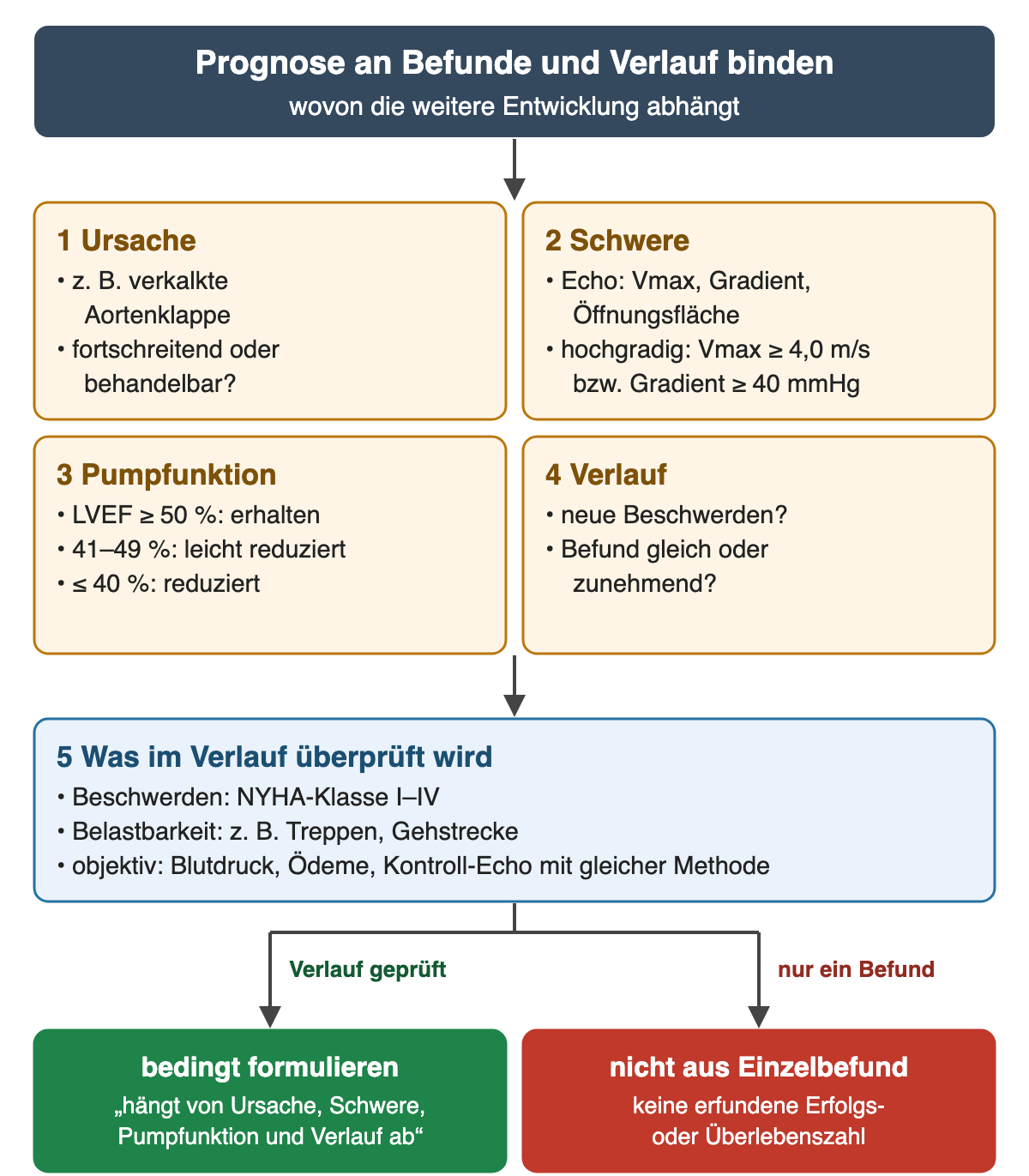 Flussdiagramm „Prognose an Befunde und Verlauf binden“. Vier Einflussgrößen: 1 Ursache – zum Beispiel verkalkte Aortenklappe, fortschreitend oder behandelbar? 2 Schwere – Echo mit Vmax, Gradient und Öffnungsfläche; hochgradig bei Vmax ≥ 4,0 m/s beziehungsweise Gradient ≥ 40 mmHg. 3 Pumpfunktion – LVEF ≥ 50 % erhalten, 41–49 % leicht reduziert, ≤ 40 % reduziert. 4 Verlauf – neue Beschwerden? Befund gleich oder zunehmend? Darunter 5 Was im Verlauf überprüft wird: Beschwerden nach NYHA-Klasse I–IV, Belastbarkeit zum Beispiel über Treppen und Gehstrecke, objektiv Blutdruck, Ödeme und Kontroll-Echo mit gleicher Methode. Ergebniszeile: Verlauf geprüft – bedingt formulieren, „hängt von Ursache, Schwere, Pumpfunktion und Verlauf ab“; nur ein Befund – keine erfundene Erfolgs- oder Überlebenszahl.
