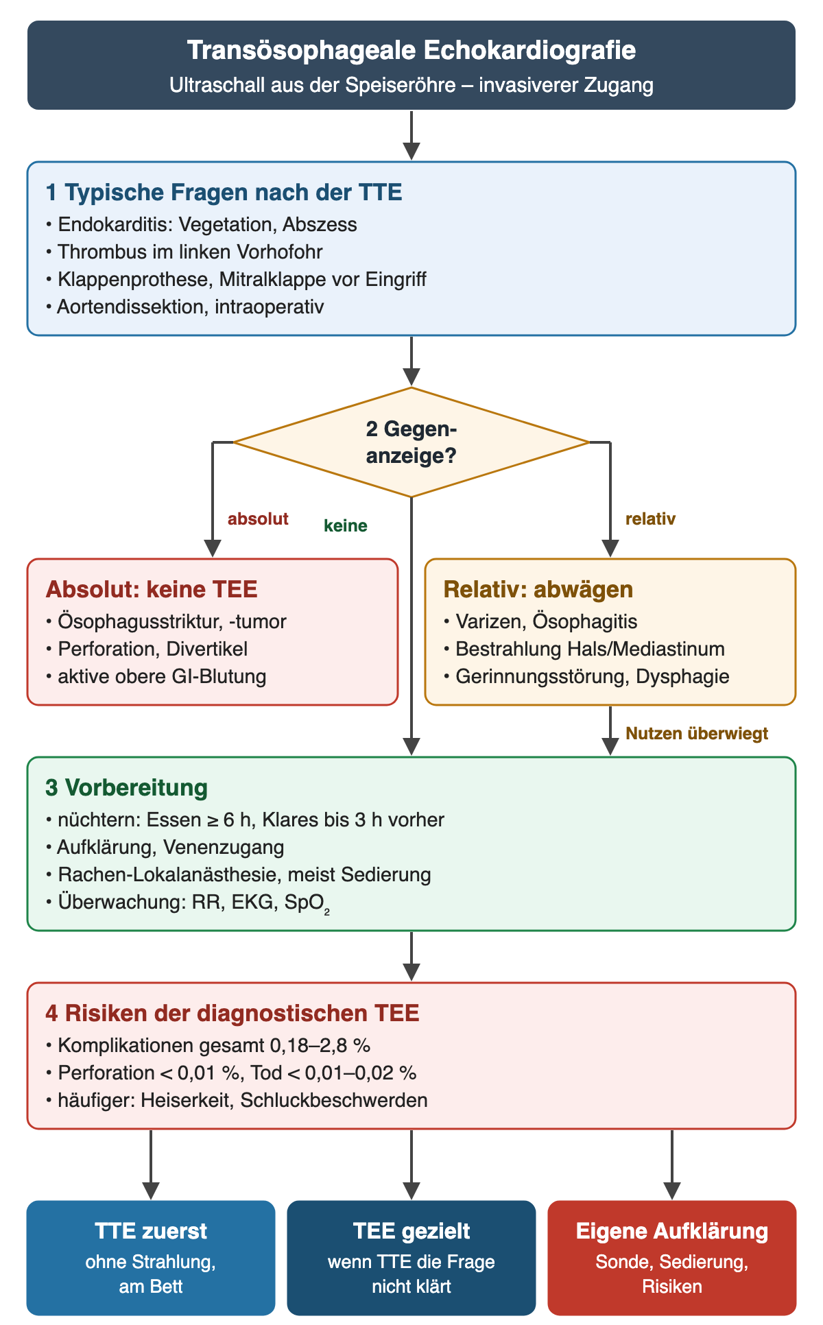 Ablauf: 1 blauer Kasten typische Fragen nach der TTE: Endokarditis mit Vegetation oder Abszess, Thrombus im linken Vorhofohr, Klappenprothese oder Mitralklappe vor Eingriff, Aortendissektion, intraoperativ. Raute Gegenanzeige? Absolut führt zum roten Kasten keine TEE bei Ösophagusstriktur, -tumor, Perforation, Divertikel oder aktiver oberer GI-Blutung; relativ zum orangen Kasten abwägen bei Varizen, Ösophagitis, Bestrahlung, Gerinnungsstörung oder Dysphagie. Keine Gegenanzeige und überwiegender Nutzen führen zu 3 grüner Kasten Vorbereitung: Essen mindestens 6 Stunden, Klares bis 3 Stunden vorher, Aufklärung, Venenzugang, Rachen-Lokalanästhesie, meist Sedierung, Überwachung mit Blutdruck, EKG und Sättigung. 4 roter Kasten Risiken: Komplikationen gesamt 0,18–2,8 %, Perforation unter 0,01 %, Tod unter 0,01–0,02 %. Ergebnisse: TTE zuerst, TEE gezielt, eigene Aufklärung.