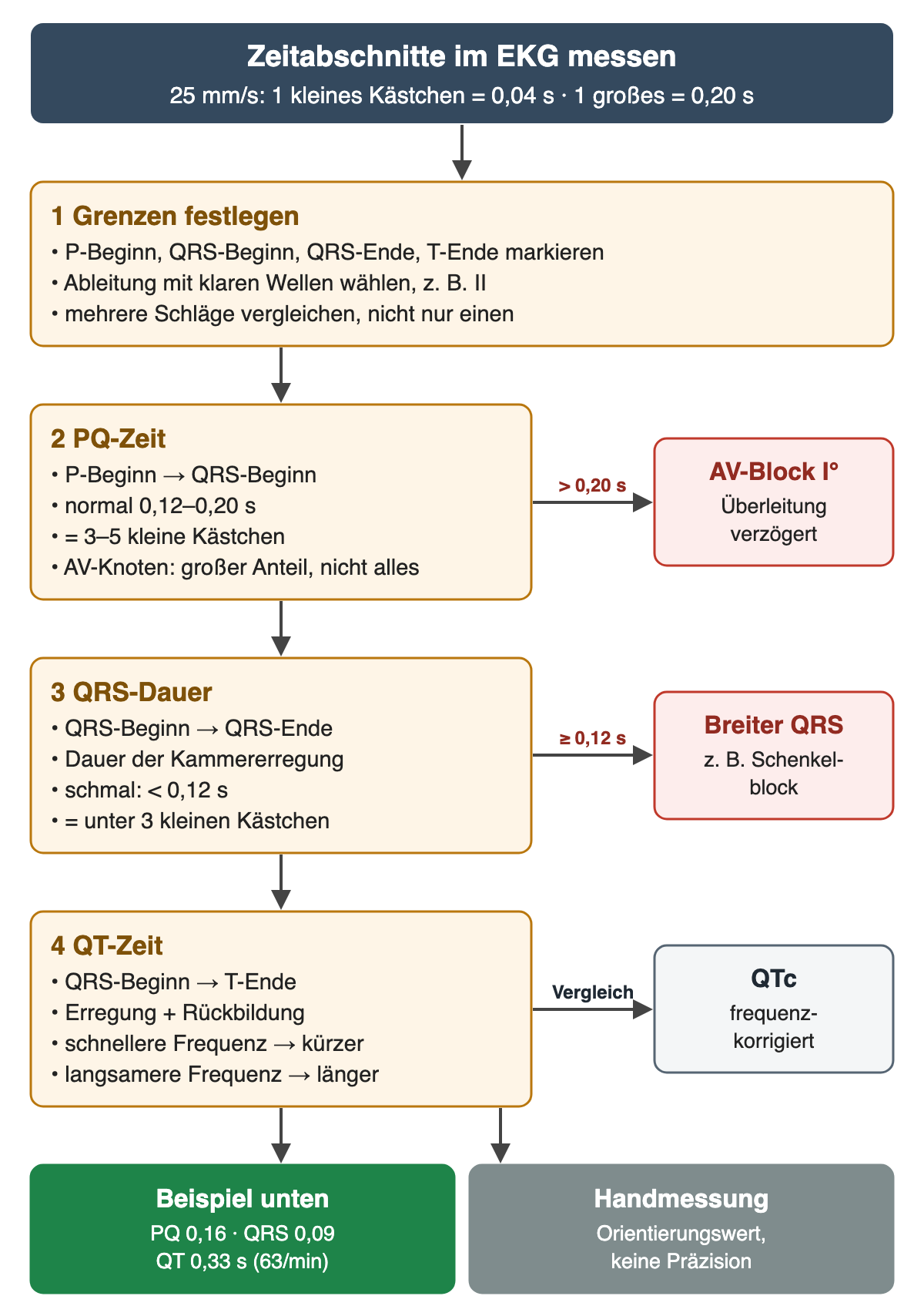 Flussdiagramm unter dem Kopf „Zeitabschnitte im EKG messen“ bei 25 mm/s, ein kleines Kästchen 0,04 s, ein großes 0,20 s. 1 Grenzen festlegen: P-Beginn, QRS-Beginn, QRS-Ende und T-Ende markieren, eine Ableitung mit klaren Wellen wie II wählen und mehrere Schläge vergleichen. 2 PQ-Zeit von P-Beginn bis QRS-Beginn, normal 0,12–0,20 s oder 3–5 kleine Kästchen, der AV-Knoten trägt einen großen Teil, aber nicht alles; Ast über 0,20 s zu AV-Block I. Grades mit verzögerter Überleitung. 3 QRS-Dauer von QRS-Beginn bis QRS-Ende, schmal unter 0,12 s oder unter 3 kleinen Kästchen; Ast ab 0,12 s zu breitem QRS, zum Beispiel Schenkelblock. 4 QT-Zeit von QRS-Beginn bis T-Ende, Erregung und Rückbildung, bei schnellerer Frequenz kürzer, bei langsamerer länger; Ast Vergleich zur frequenzkorrigierten QTc. Ergebniszeile: Beispiel aus der folgenden Aufnahme PQ 0,16, QRS 0,09 und QT 0,33 s bei 63/min; Handmessung als Orientierungswert ohne Präzisionsanspruch.