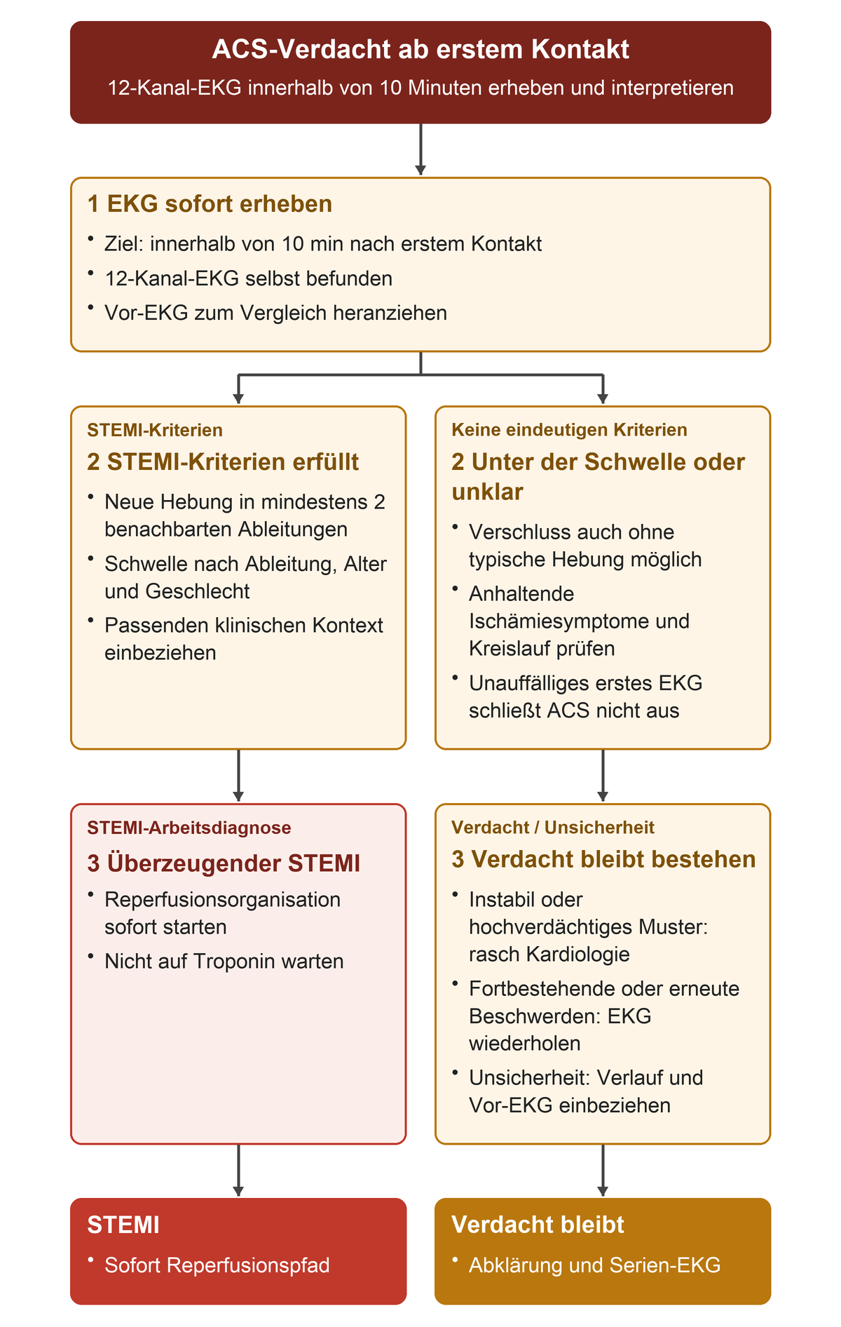 Ab erstem medizinischem Kontakt innerhalb von zehn Minuten zum 12-Kanal-EKG, danach STEMI-Kriterien und klinischen Verdacht getrennt prüfen; überzeugender STEMI führt ohne Troponinwartezeit zur Reperfusionsorganisation.