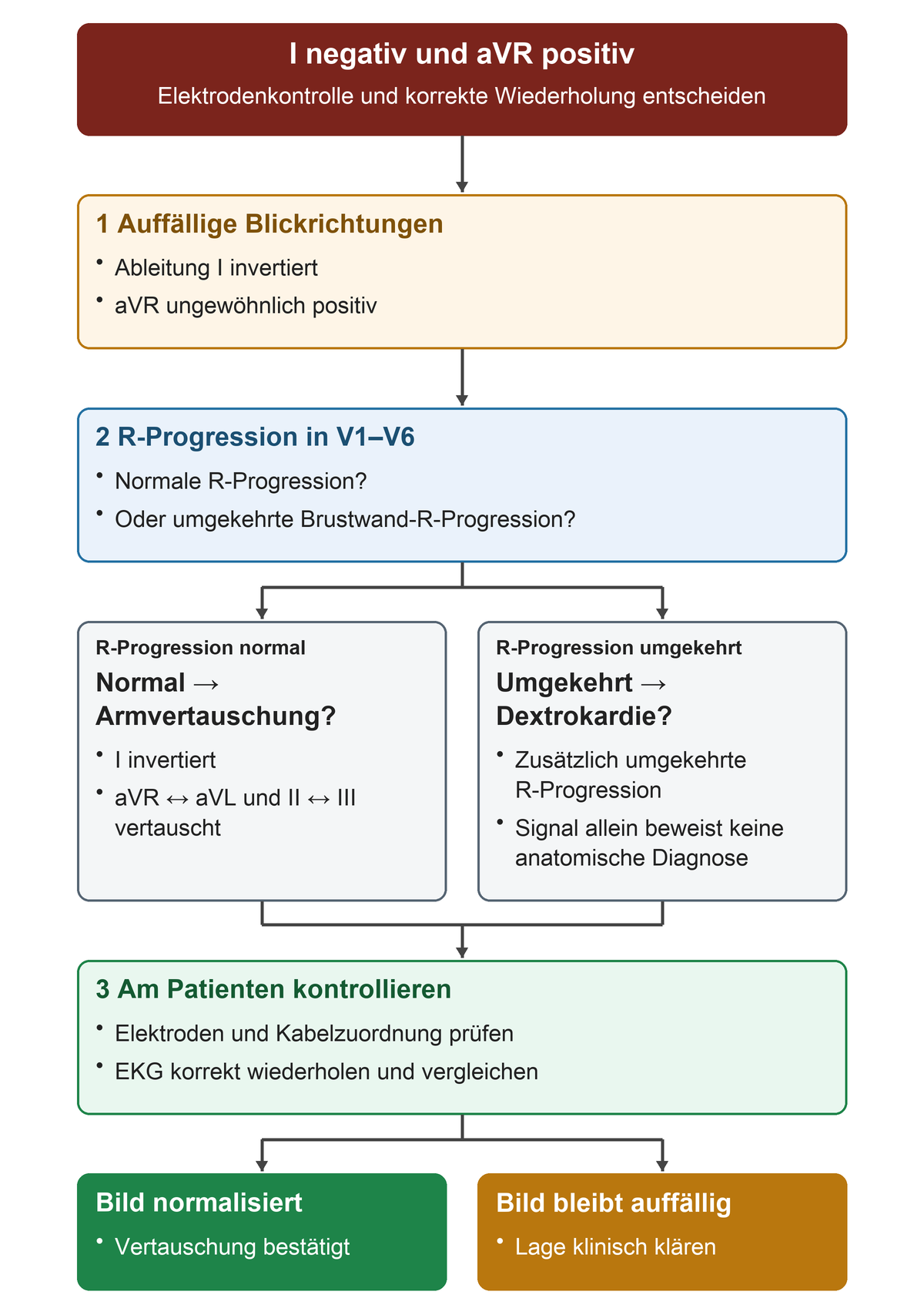 Bei negativer Ableitung I und positiver aVR folgt die Prüfung der R-Progression; normale und umgekehrte Progression führen zu unterschiedlichen Verdachtsrichtungen, danach werden Elektroden kontrolliert und das EKG wiederholt.