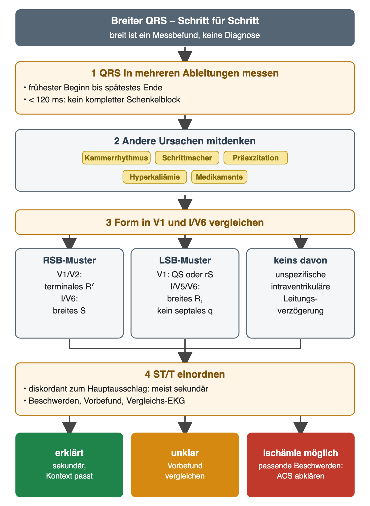 Ablauf bei breitem QRS: messen, andere Ursachen wie Kammerrhythmus, Schrittmacher, Präexzitation, Hyperkaliämie und Medikamente mitdenken, Form in V1 und I/V6 vergleichen, ST/T einordnen; drei farbige Ergebnisse