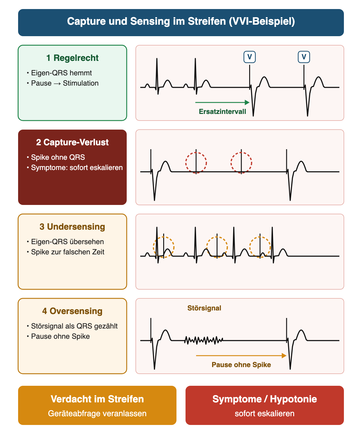 Vier schematische Streifen eines VVI-Schrittmachers: regelrecht hemmt der Eigen-QRS, nach Ablauf des Ersatzintervalls folgt Stimulation; Capture-Verlust zeigt Spikes ohne QRS; Undersensing zeigt Spikes trotz Eigen-QRS zur falschen Zeit; Oversensing zeigt nach einem Störsignal eine Pause ohne Spike; Ergebnis: Verdacht führt zur Geräteabfrage, Symptome zur sofortigen Eskalation