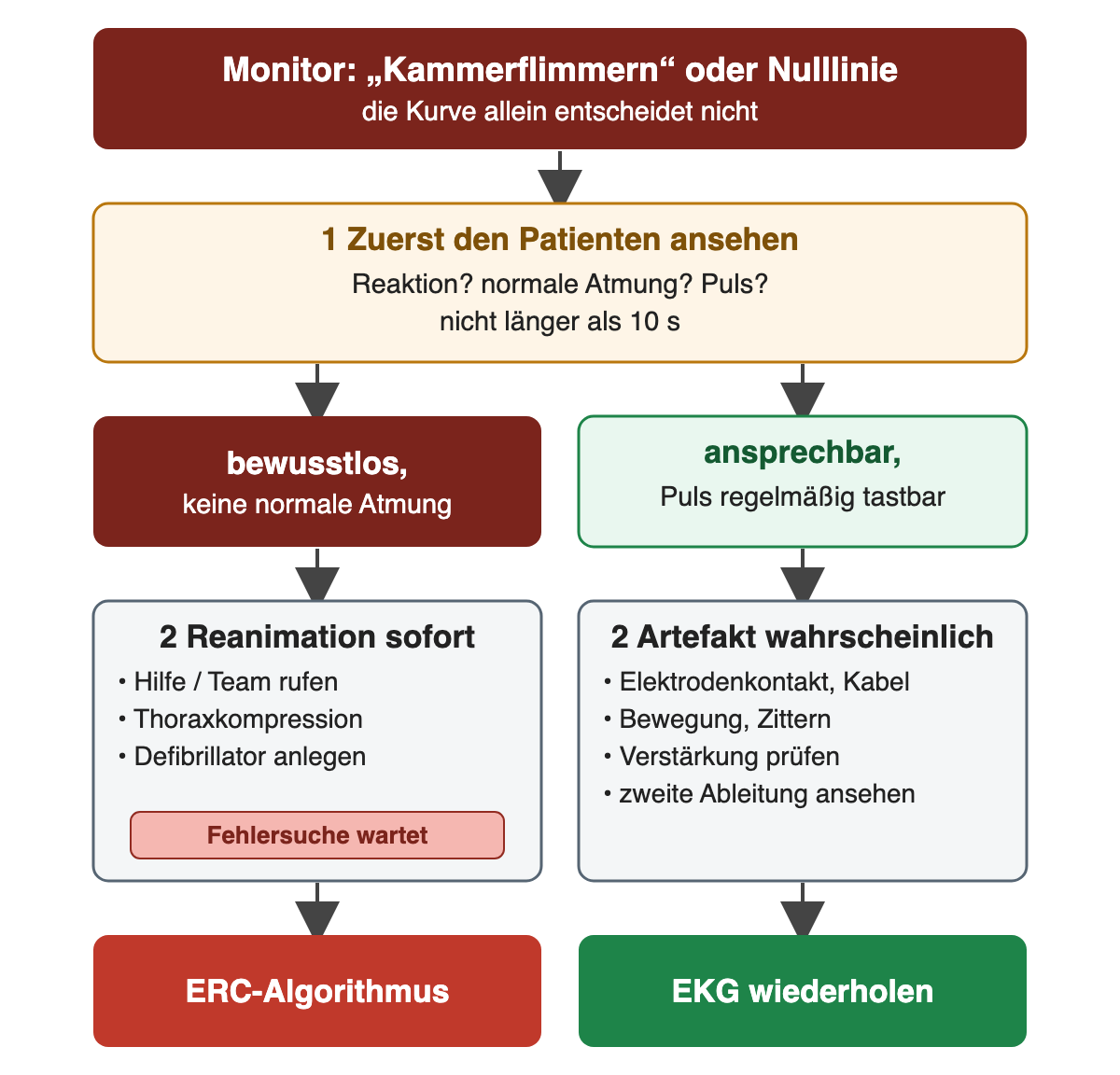 Monitor zeigt Kammerflimmern oder Nulllinie: zuerst Reaktion, normale Atmung und Puls höchstens 10 s prüfen; bewusstlos ohne normale Atmung: sofort Reanimation mit Hilfe rufen, Thoraxkompression und Defibrillator nach ERC-Algorithmus, Fehlersuche wartet; ansprechbar mit regelmäßigem Puls: Artefakt wahrscheinlich, Elektrodenkontakt, Kabel, Bewegung, Verstärkung und zweite Ableitung prüfen, EKG wiederholen