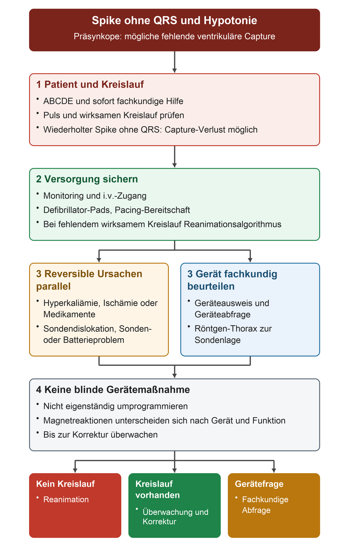 Bei Spike ohne QRS und Hypotonie zuerst ABCDE und wirksamen Kreislauf prüfen, Monitoring und Pacing-Bereitschaft herstellen, Ursachen und Gerät parallel abklären und blinde Programmier- oder Magnetmaßnahmen vermeiden.