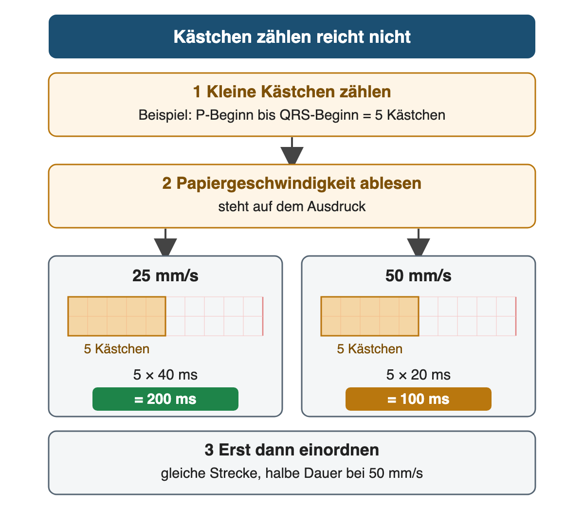 Umrechnung in drei Schritten: kleine Kästchen zählen, hier fünf; Papiergeschwindigkeit ablesen; bei 25 mm/s 5 × 40 ms = 200 ms, bei 50 mm/s 5 × 20 ms = 100 ms; erst dann einordnen