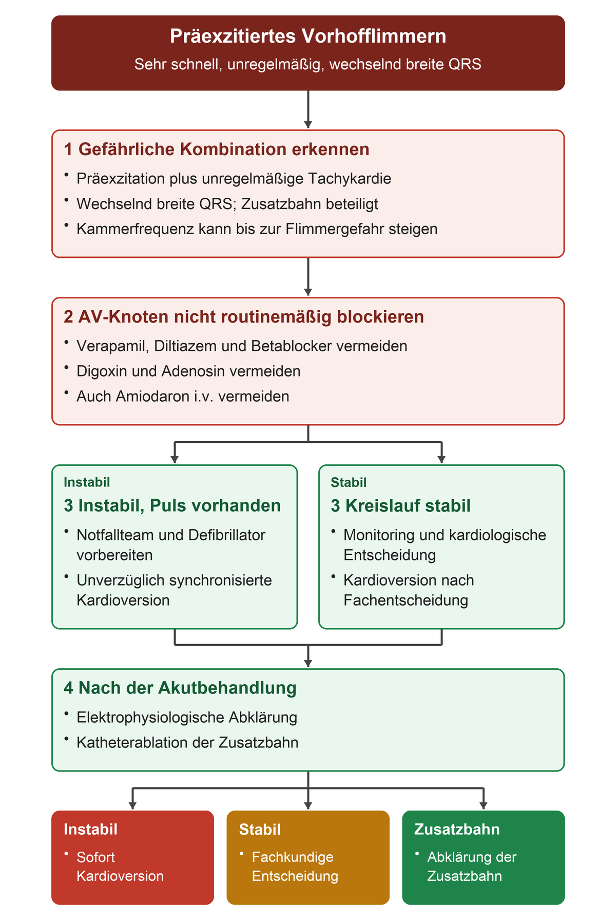 Bei sehr schneller unregelmäßiger Tachykardie mit wechselnd breitem QRS zuerst präexzitiertes Vorhofflimmern erkennen und ungeeignete Medikamente vermeiden; Kreislauf bestimmt die Kardioversion, anschließend folgt die Zusatzbahnabklärung.