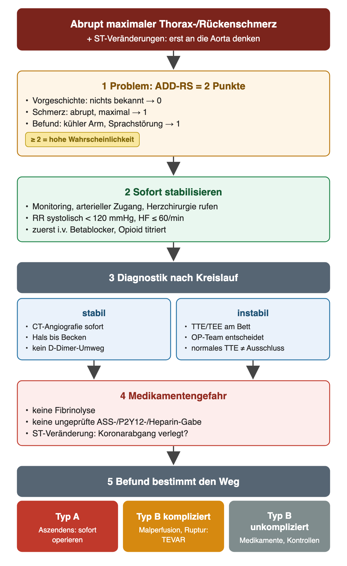 Ablauf bei Verdacht auf Aortensyndrom trotz ST-Veränderungen: Schritt 1 Problem mit ADD-RS 2 Punkte, Vorgeschichte 0, Schmerz abrupt und maximal 1, Befund kühler Arm und Sprachstörung 1, ab 2 hohe Wahrscheinlichkeit; Schritt 2 sofort stabilisieren mit Monitoring, arteriellem Zugang, Herzchirurgie, systolisch unter 120 mmHg und Herzfrequenz höchstens 60/min, zuerst intravenöser Betablocker, Opioid titriert; Schritt 3 Diagnostik nach Kreislauf: stabil CT-Angiografie sofort von Hals bis Becken ohne D-Dimer-Umweg, instabil TTE oder TEE am Bett und OP-Team, normales TTE kein Ausschluss; Schritt 4 Medikamentengefahr: keine Fibrinolyse, keine ungeprüfte ASS-, P2Y12- oder Heparingabe, ST-Veränderung durch verlegten Koronarabgang möglich; Schritt 5 Typ A sofort operieren, Typ B kompliziert TEVAR, Typ B unkompliziert Medikamente und Kontrollen