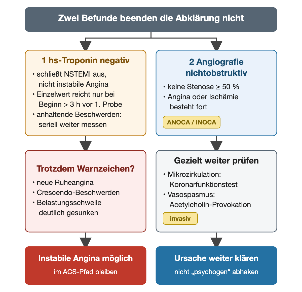 Zwei Spalten: Links schließt negatives hs-Troponin nur den NSTEMI aus, ein Einzelwert reicht nur bei Beschwerdebeginn über 3 Stunden vor der ersten Probe; neue Ruheangina, Crescendo-Beschwerden oder deutlich gesunkene Belastungsschwelle halten die instabile Angina offen. Rechts bedeutet nichtobstruktiv keine Stenose ≥ 50 Prozent; bei fortbestehender Angina oder Ischämie folgen Koronarfunktionstest und Acetylcholin-Provokation, die Ursache wird weiter geklärt.