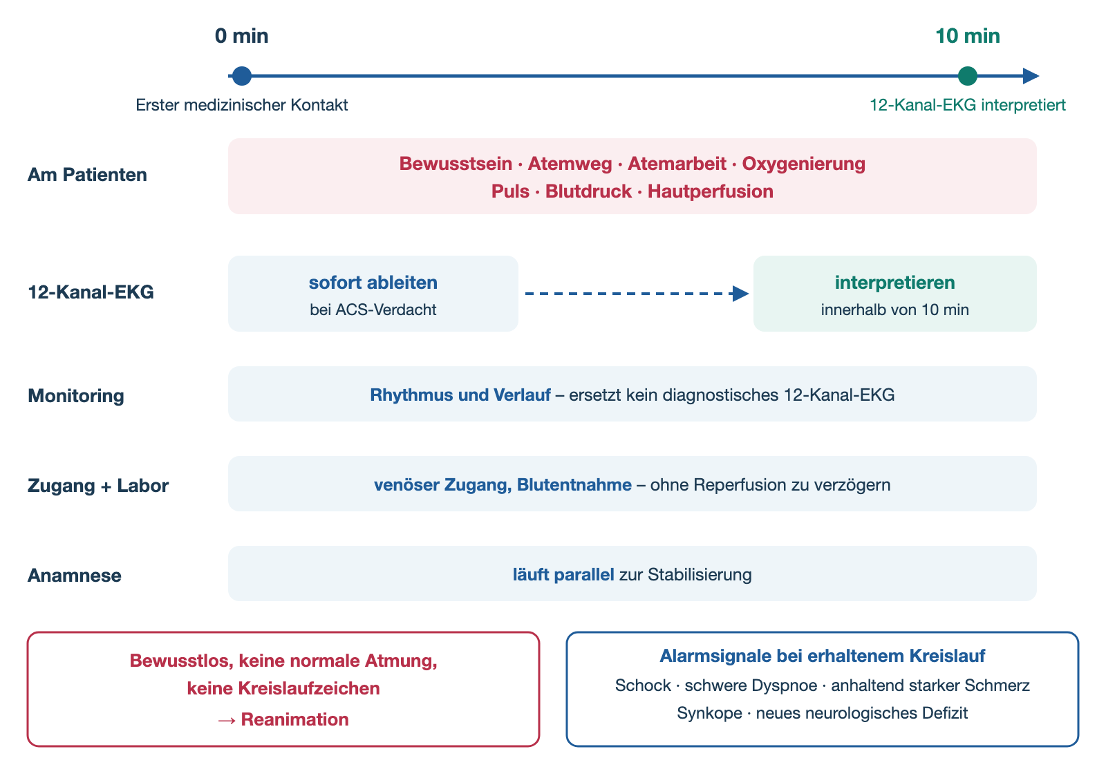 Zeitachse der ersten zehn Minuten bei Thoraxschmerz mit parallelen Aufgaben