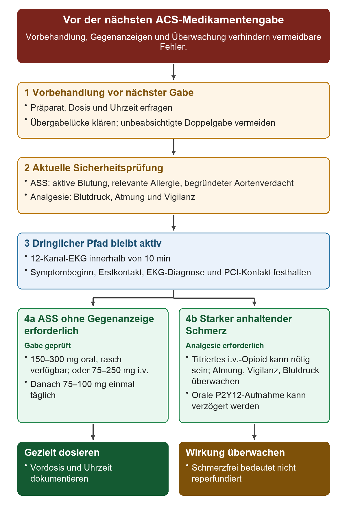 Vor der nächsten ACS-Medikamentengabe: Von oben nach unten 1 Vorbehandlung vor nächster Gabe; 2 Aktuelle Sicherheitsprüfung; 3 Dringlicher Pfad bleibt aktiv; 4a ASS ohne Gegenanzeige erforderlich; 4b Starker anhaltender Schmerz. Die untere Reihe zeigt Gezielt dosieren, Wirkung überwachen.