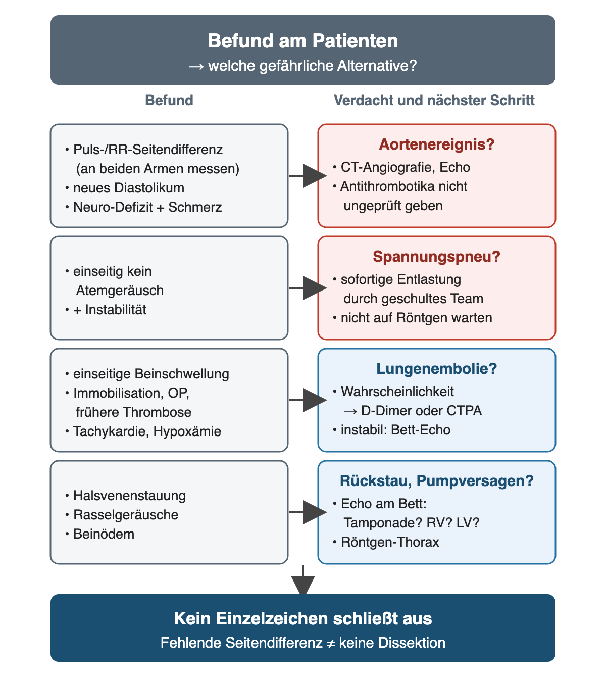 Vier Zeilen, links der Befund, rechts Verdacht und nächster Schritt: Puls- oder Blutdruckseitendifferenz, neues Diastolikum oder neurologisches Defizit mit Schmerz führen zum Aortenereignis mit CT-Angiografie oder Echo und ohne ungeprüfte Antithrombotika; einseitig fehlendes Atemgeräusch mit Instabilität zum Spannungspneumothorax mit sofortiger Entlastung; einseitige Beinschwellung, Immobilisation, Tachykardie und Hypoxämie zur Lungenembolie; Halsvenenstauung, Rasselgeräusche und Beinödem zu Echo und Röntgen. Unten: kein Einzelzeichen schließt aus.