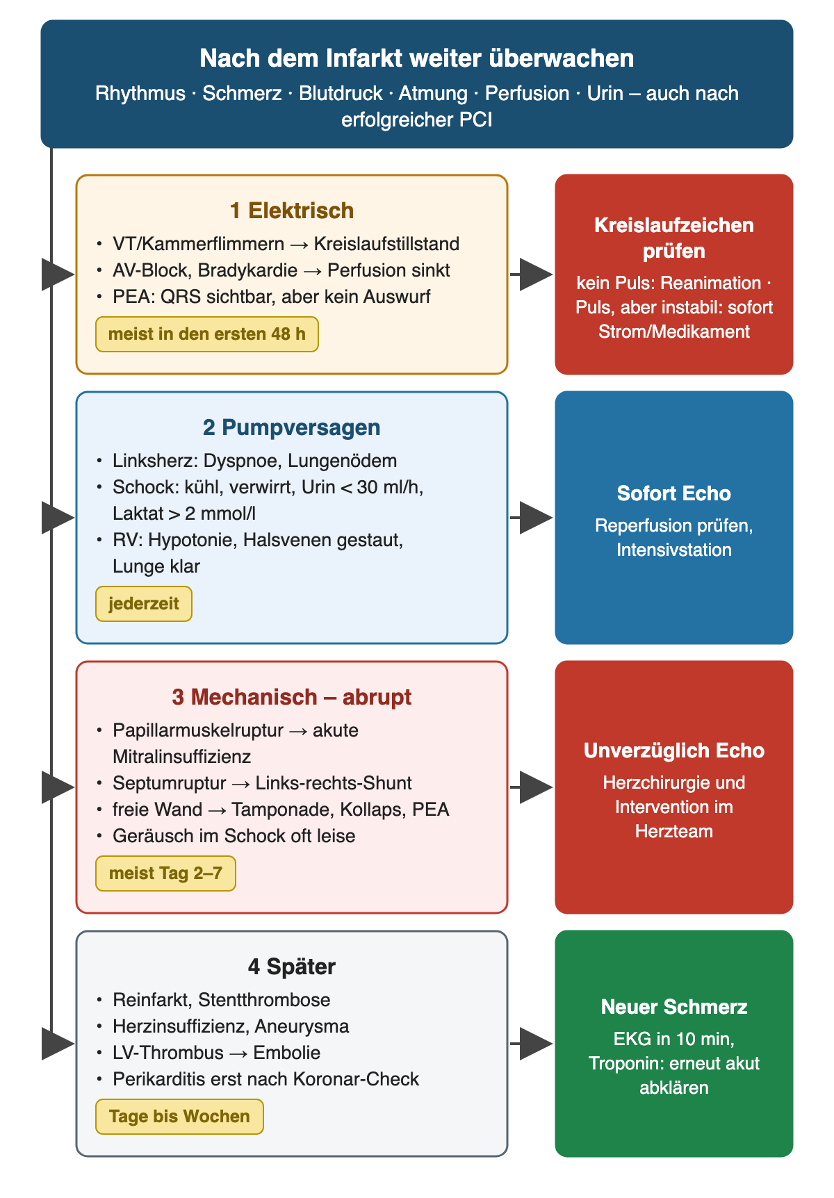 Übersicht: Oben Überwachung nach Infarkt von Rhythmus, Schmerz, Blutdruck, Atmung, Perfusion und Urin, auch nach erfolgreicher PCI. Davon ausgehend vier Gruppen mit Erkennungszeichen und erster Handlung: 1 elektrisch, meist in den ersten 48 Stunden, mit VT oder Kammerflimmern, AV-Block, Bradykardie und PEA, Handlung Kreislaufzeichen prüfen; 2 Pumpversagen jederzeit mit Lungenödem, Schock mit Urin unter 30 ml pro Stunde und Laktat über 2 mmol/l, RV-Versagen mit klarer Lunge, Handlung sofort Echo und Intensivstation; 3 mechanisch abrupt, meist Tag 2 bis 7, mit Papillarmuskel-, Septum- und freier Wandruptur, Handlung unverzüglich Echo und Herzteam; 4 später, Tage bis Wochen, mit Reinfarkt, Stentthrombose, Herzinsuffizienz, Aneurysma, LV-Thrombus und Perikarditis, Handlung bei neuem Schmerz EKG in 10 Minuten und Troponin
