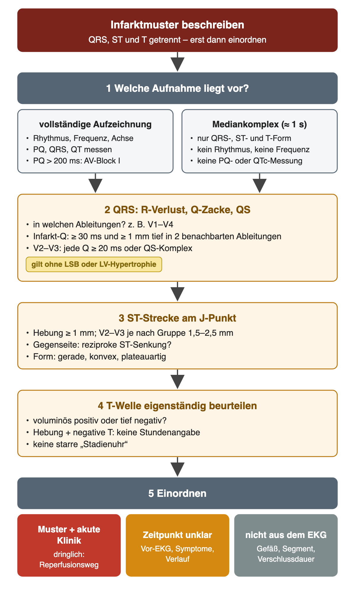 Fünf Schritte zur Beschreibung eines Infarktmusters: Aufnahmeart prüfen, vollständige Aufzeichnung mit Rhythmus, Frequenz, Achse und PQ, QRS, QT, PQ über 200 ms als AV-Block I, Mediankomplex nur mit QRS-, ST- und T-Form; QRS mit R-Verlust, Q-Zacke und QS, Infarkt-Q ab 30 ms und 1 mm Tiefe in zwei benachbarten Ableitungen, in V2–V3 jede Q ab 20 ms oder QS; ST-Strecke am J-Punkt mit Gegenseite und Form; T-Welle eigenständig ohne Stundenangabe; Einordnung in dringlich, Zeitpunkt unklar und nicht aus dem EKG ableitbar