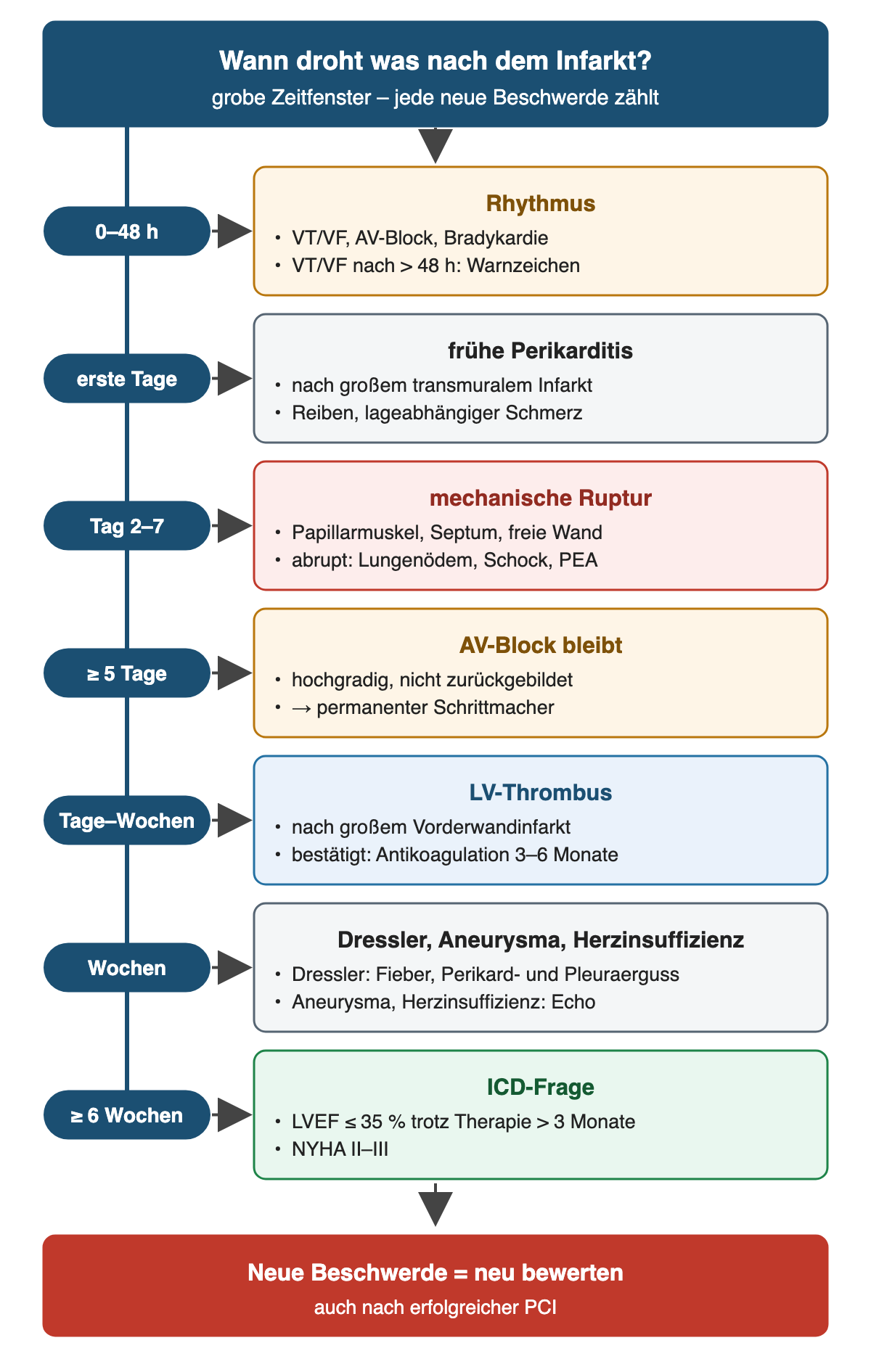 Zeitleiste nach Infarkt: 0 bis 48 Stunden Rhythmusstörungen wie VT/VF, AV-Block und Bradykardie, VT/VF nach mehr als 48 Stunden als Warnzeichen; erste Tage frühe Perikarditis nach großem transmuralem Infarkt mit Reiben und lageabhängigem Schmerz; Tag 2 bis 7 mechanische Ruptur von Papillarmuskel, Septum oder freier Wand mit Lungenödem, Schock oder PEA; ab 5 Tagen bleibender hochgradiger AV-Block mit permanentem Schrittmacher; Tage bis Wochen LV-Thrombus nach großem Vorderwandinfarkt, bestätigt Antikoagulation 3 bis 6 Monate; Wochen Dressler-Syndrom mit Fieber, Perikard- und Pleuraerguss, Aneurysma und Herzinsuffizienz mit Echo; ab 6 Wochen ICD-Frage bei LVEF bis 35 Prozent trotz Therapie über 3 Monate und NYHA II bis III. Unten: neue Beschwerde heißt neu bewerten, auch nach erfolgreicher PCI
