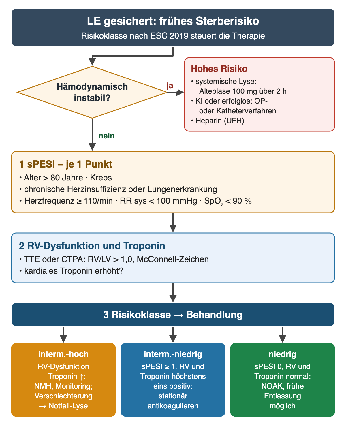 Flussdiagramm Risikostratifizierung bei gesicherter Lungenembolie nach ESC 2019: Raute hämodynamisch instabil, ja führt zu hohem Risiko mit systemischer Lyse, Alteplase 100 mg über 2 Stunden, bei Kontraindikation oder Versagen Operation oder Katheterverfahren, Heparin. Nein führt zu Schritt 1 sPESI mit je 1 Punkt für Alter über 80, Krebs, chronische Herzinsuffizienz oder Lungenerkrankung, Herzfrequenz ab 110/min, systolisch unter 100 mmHg, Sättigung unter 90 Prozent; Schritt 2 RV-Dysfunktion im TTE oder CTPA mit RV/LV über 1,0 und Troponin. Ergebnisse: intermediär-hoch mit RV-Dysfunktion und Troponinerhöhung, niedermolekulares Heparin, Monitoring, bei Verschlechterung Notfall-Lyse; intermediär-niedrig stationär antikoagulieren; niedrig mit sPESI 0 und normalen Befunden NOAK und frühe Entlassung möglich