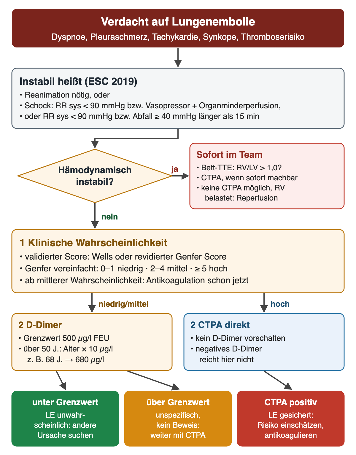 Flussdiagramm Lungenemboliediagnostik: Verdacht bei Dyspnoe, Pleuraschmerz, Tachykardie, Synkope, Thromboserisiko. Definition instabil: Reanimation, Schock mit systolisch unter 90 mmHg oder Vasopressor plus Organminderperfusion, oder anhaltend systolisch unter 90 mmHg beziehungsweise Abfall um mindestens 40 mmHg über 15 Minuten. Raute hämodynamisch instabil: ja führt zu sofortigem Team mit Bett-TTE, CTPA wenn sofort machbar, sonst Reperfusion bei RV-Belastung; nein führt zu Schritt 1 klinische Wahrscheinlichkeit mit Wells- oder Genfer Score, vereinfachter Genfer Score 0–1 niedrig, 2–4 mittel, ab 5 hoch, Antikoagulation ab mittlerer Wahrscheinlichkeit. Bei niedrig oder mittel Schritt 2 D-Dimer mit Grenzwert 500 µg/l FEU, über 50 Jahre Alter mal 10, zum Beispiel 68 Jahre 680 µg/l; bei hoch Schritt 2 CTPA direkt. Ergebnisse: unter Grenzwert andere Ursache suchen, über Grenzwert kein Beweis und CTPA, CTPA positiv Risiko einschätzen und antikoagulieren