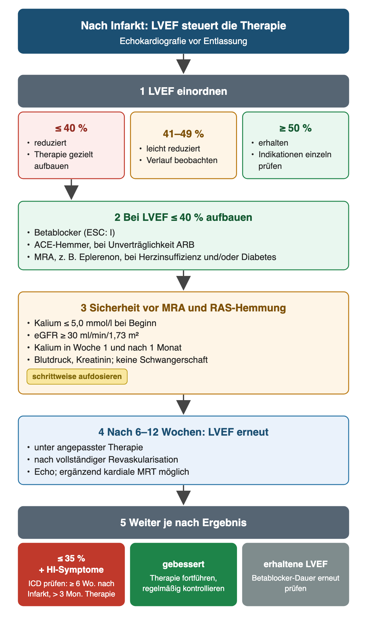 Nach Infarkt steuert die LVEF die Therapie: Einordnung bis 40, 41–49 und ab 50 Prozent; bei höchstens 40 Prozent Betablocker, ACE-Hemmer oder ARB und MRA wie Eplerenon bei Herzinsuffizienz und/oder Diabetes; vor MRA Kalium höchstens 5,0 mmol/l und eGFR mindestens 30, Kalium in Woche 1 und nach 1 Monat; nach 6–12 Wochen LVEF erneut; bei höchstens 35 Prozent mit Herzinsuffizienzsymptomen ICD prüfen