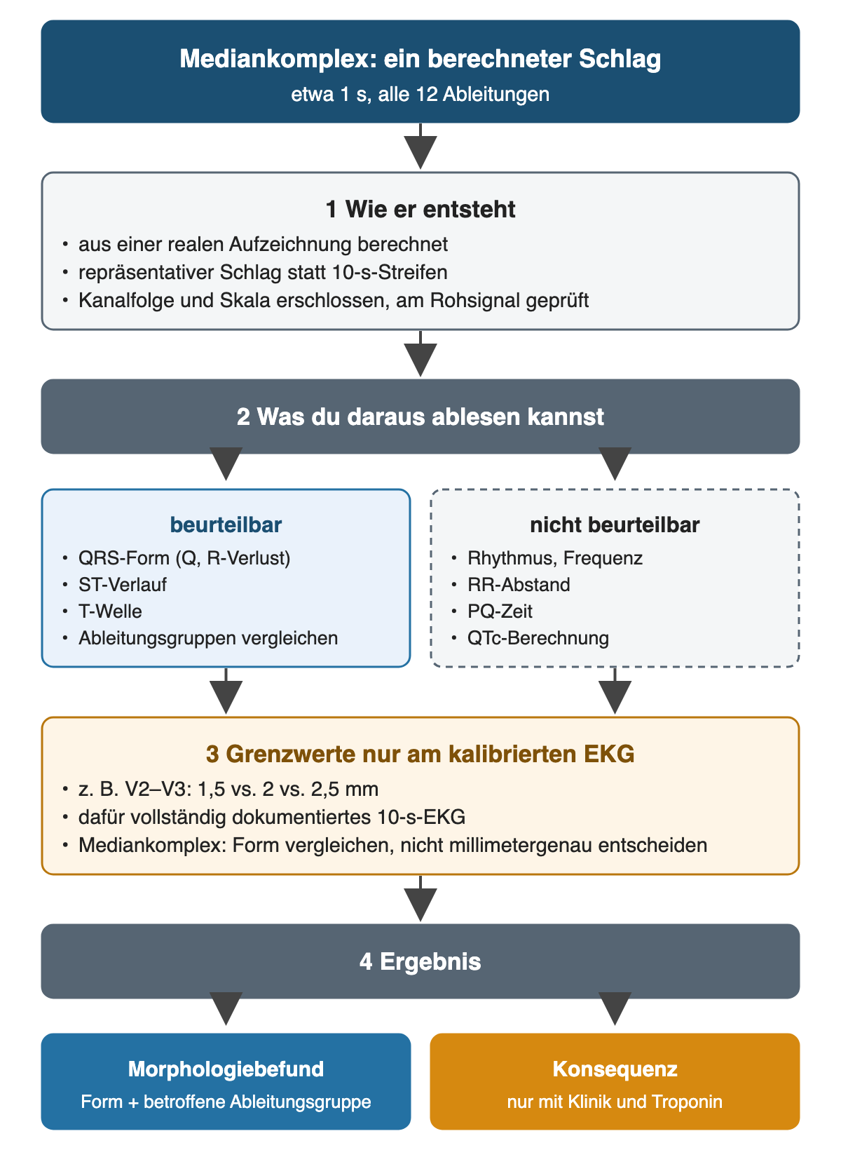 Mediankomplex als ein berechneter Schlag von etwa einer Sekunde in zwölf Ableitungen: 1 Entstehung aus einer realen Aufzeichnung mit erschlossener Kanalfolge und Skala; 2 beurteilbar sind QRS-Form, ST-Verlauf, T-Welle und der Vergleich der Ableitungsgruppen, nicht beurteilbar Rhythmus, Frequenz, RR, PQ und QTc; 3 Grenzwerte wie 1,5, 2 oder 2,5 mm in V2–V3 nur am kalibrierten vollständigen EKG; 4 Ergebnis Morphologiebefund und Konsequenz mit Klinik und Troponin