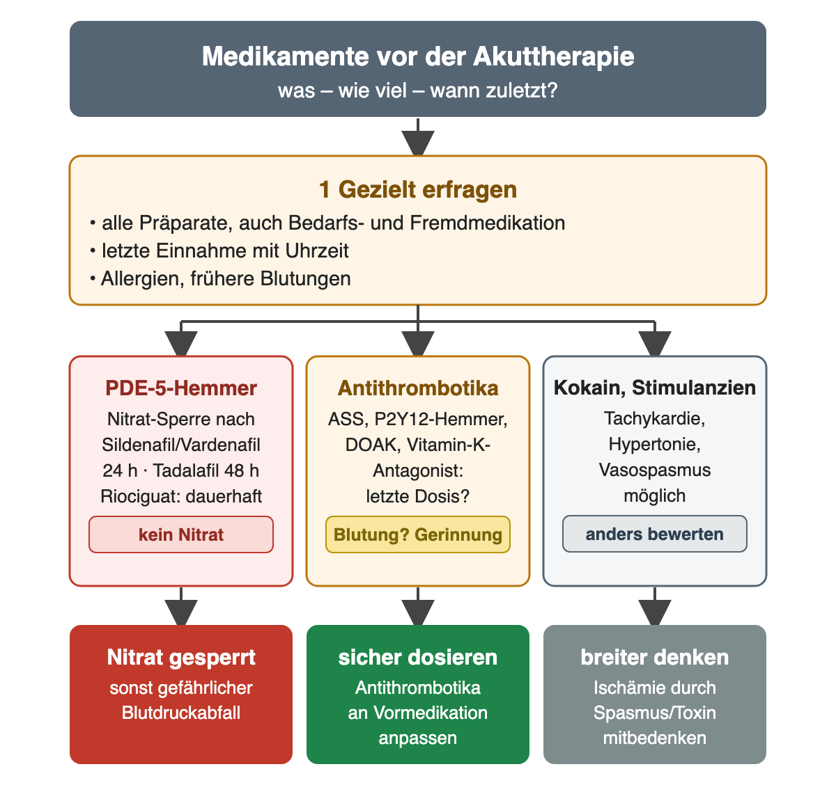 Oben: alle Präparate, letzte Einnahme mit Uhrzeit, Allergien und frühere Blutungen erfragen. Drei Spalten: PDE-5-Hemmer mit Nitratsperre 24 Stunden nach Sildenafil oder Vardenafil und 48 Stunden nach Tadalafil sowie dauerhaft unter Riociguat; Antithrombotika mit letzter Dosis, Blutung und Gerinnung; Kokain und Stimulanzien mit Tachykardie, Hypertonie und Vasospasmus. Unten: Nitrat gesperrt, Antithrombotika sicher dosieren, Ursachen breiter denken.