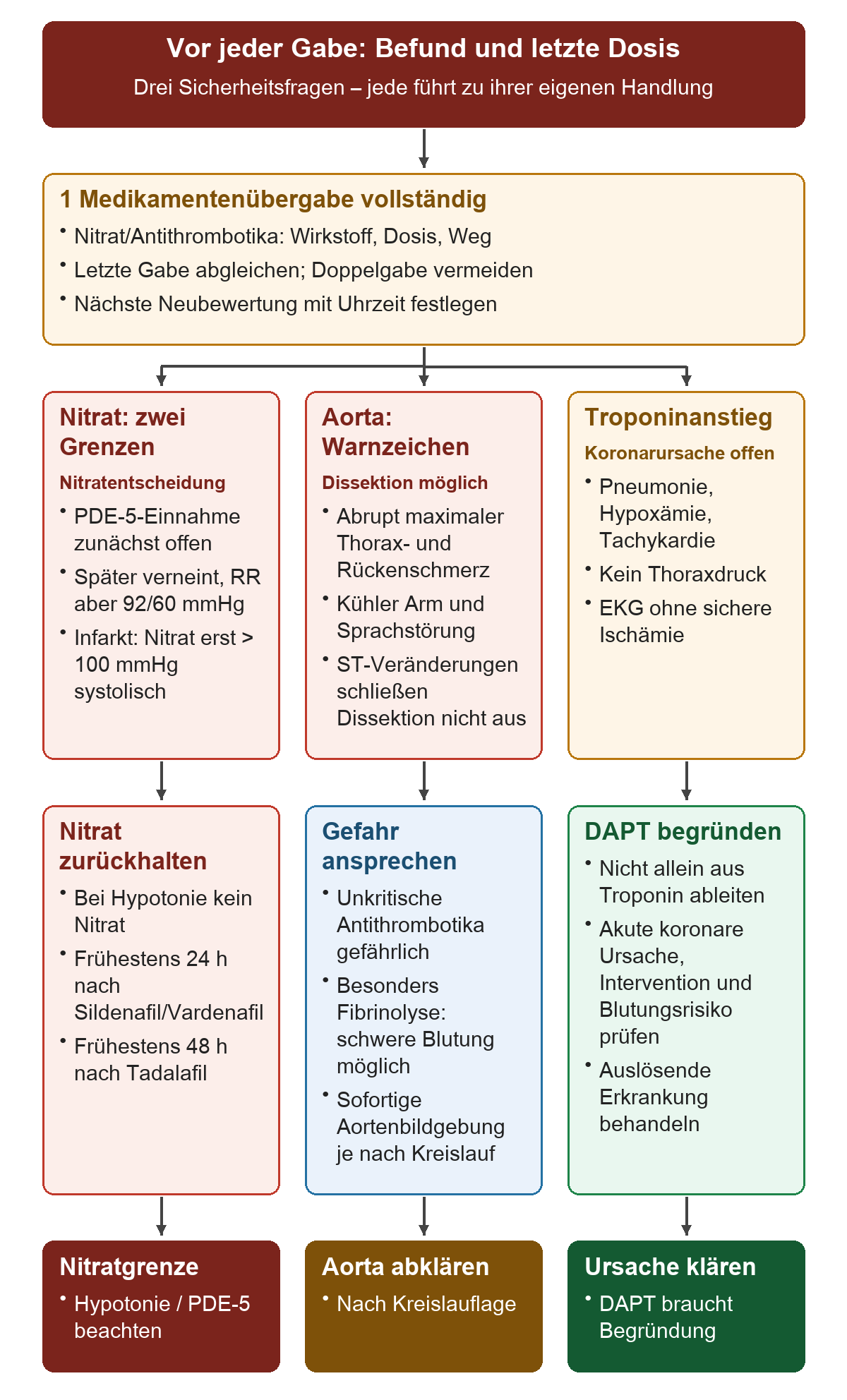 Sicherheitsprüfung vor Medikamentengabe: letzte Dosis und nächste Neubewertung festhalten; drei getrennte Wege führen bei Hypotonie oder PDE-5-Einnahme zum Zurückhalten von Nitrat, bei Aortenwarnzeichen zur Aortenabklärung und bei Troponinanstieg ohne belegte Koronarursache zur Ursachenprüfung ohne automatische DAPT.